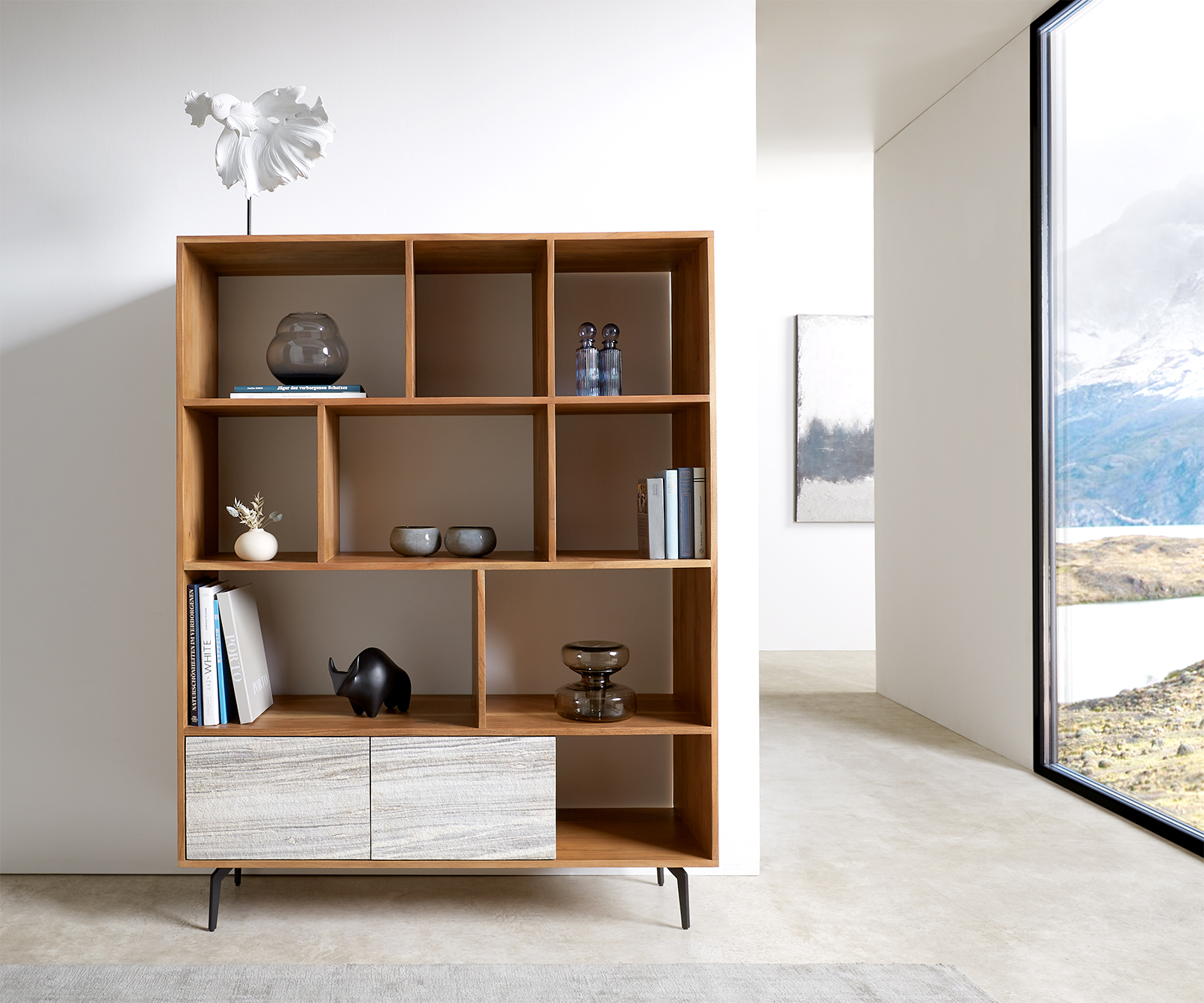 Szekrény Kleo 115x150 cm akác természetes 2 ajtós "L" alakú fém láb fekete - Image 2