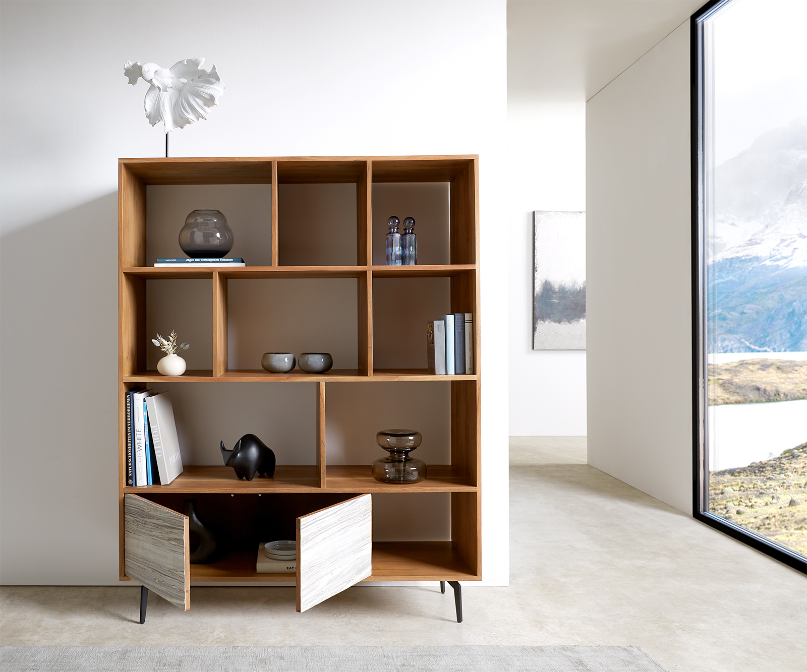 Szekrény Kleo 115x150 cm akác természetes 2 ajtós "L" alakú fém láb fekete - Image 4