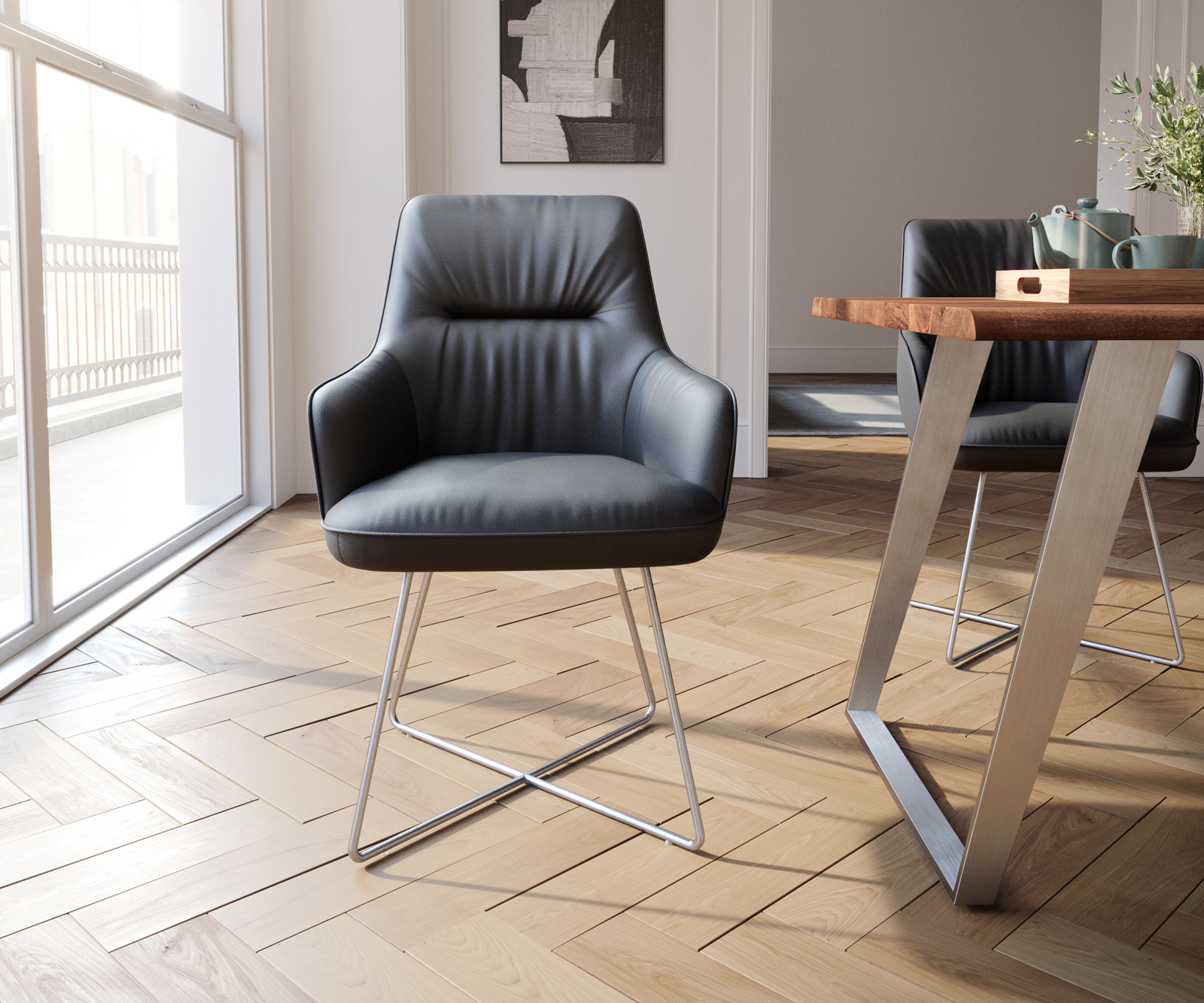 Jídelní židle Zelia-Flex s loketními opěrkami podnož ve tvaru "X" nerezová ocel pravá kůže černá - Image 2