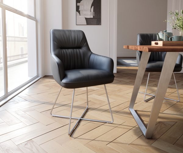 Jídelní židle Zelia-Flex s loketními opěrkami podnož ve tvaru "X" nerezová ocel pravá kůže černá