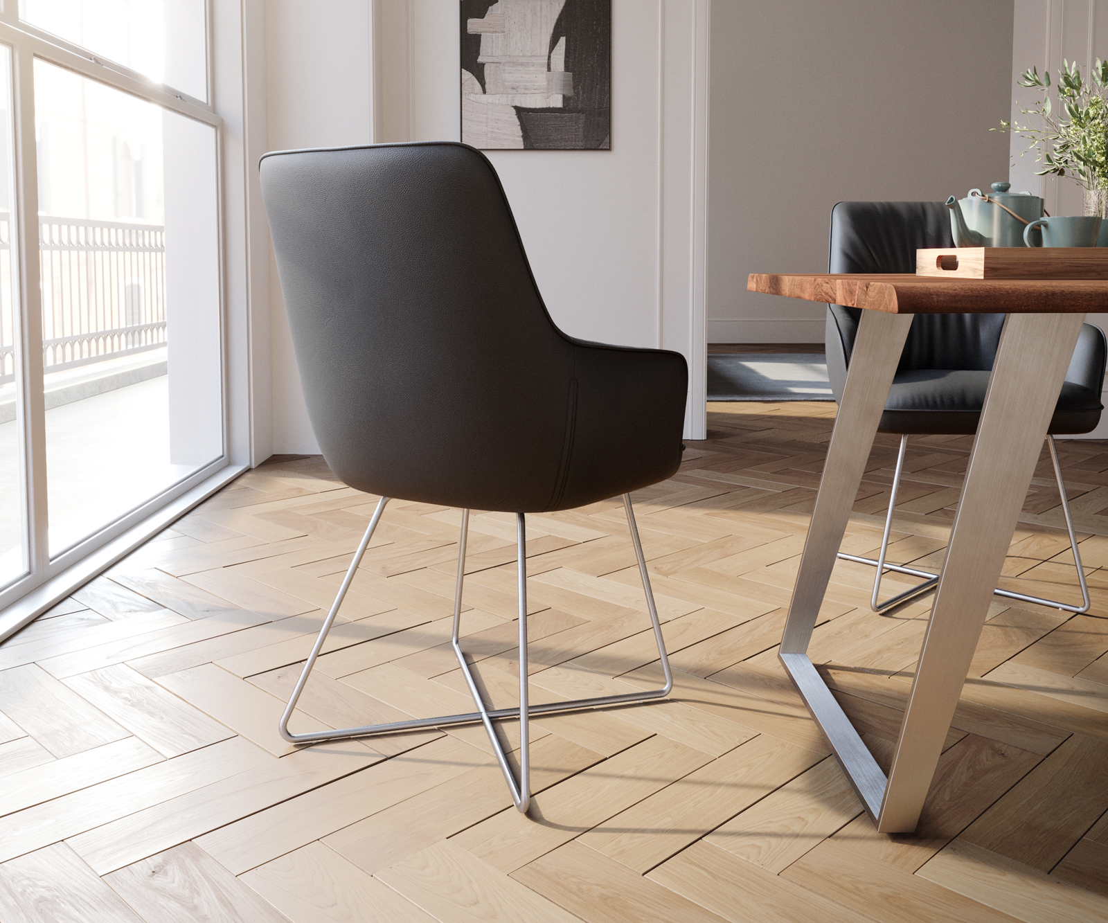 Jídelní židle Zelia-Flex s loketními opěrkami podnož ve tvaru "X" nerezová ocel pravá kůže černá - Image 3