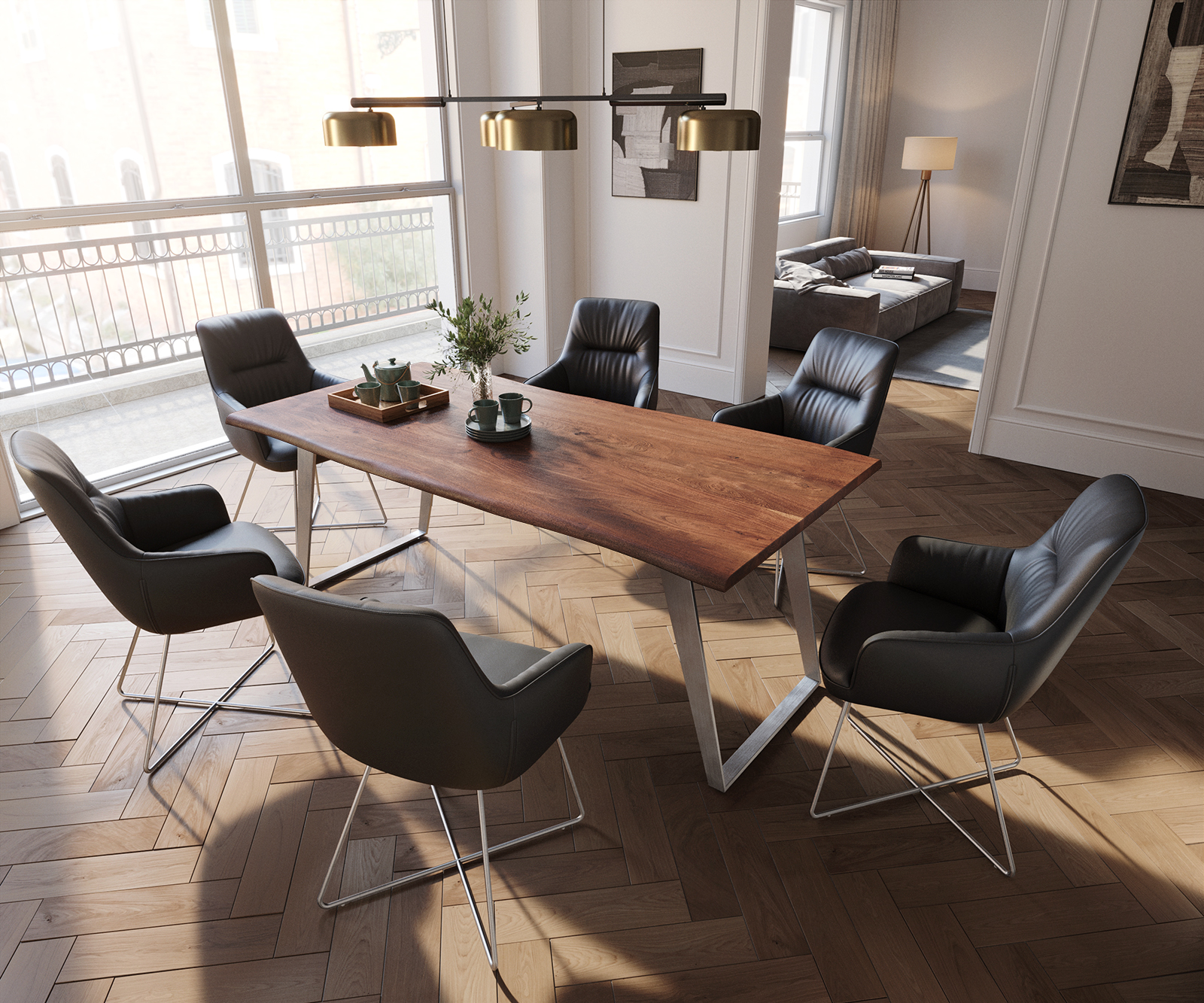 Jídelní židle Zelia-Flex s loketními opěrkami podnož ve tvaru "X" nerezová ocel pravá kůže černá - Image 5