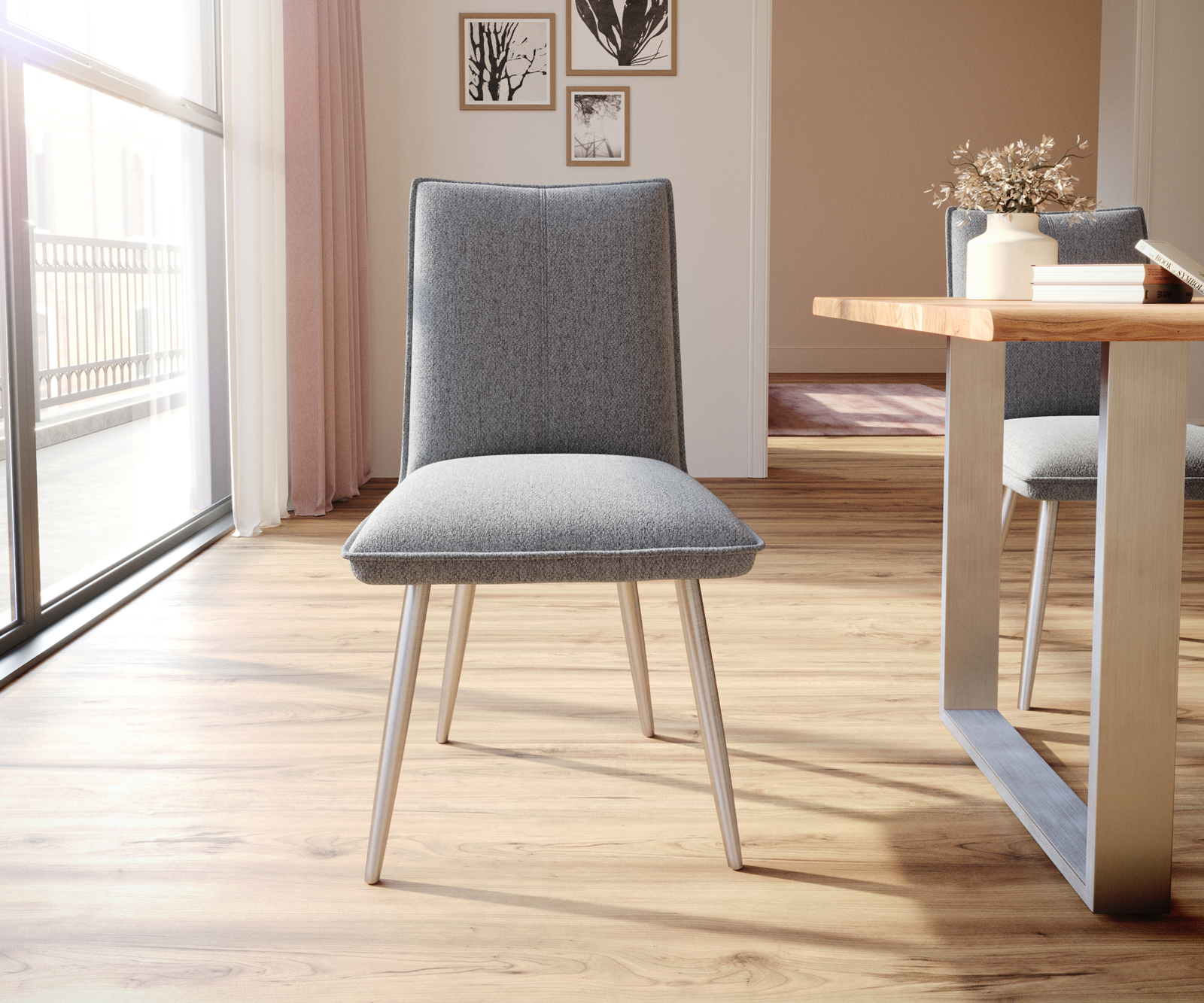 Jídelní židle Lelio-Flex zúžená podnož nerezová ocel strukturovaná tkanina světle šedá - Image 2