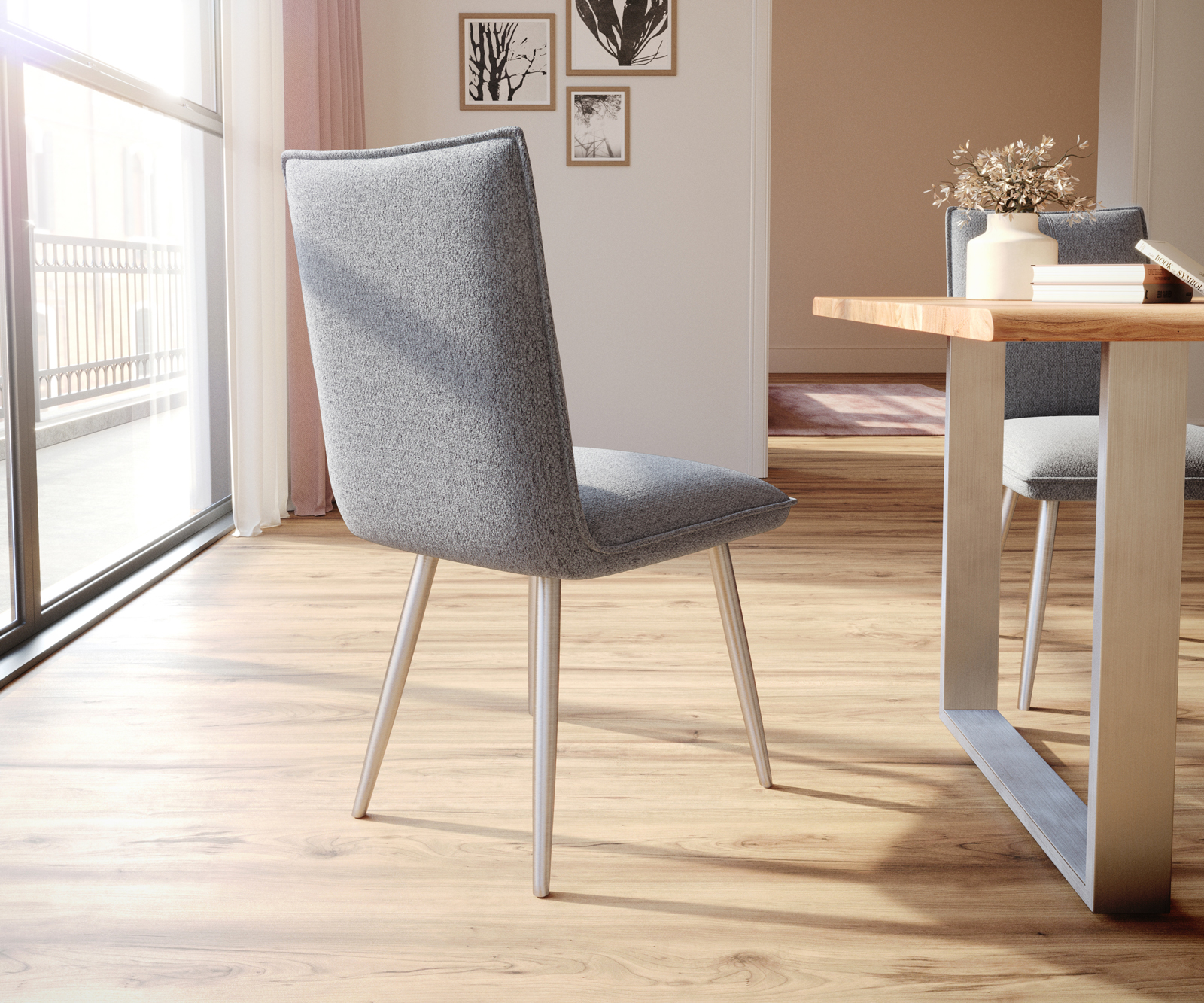 Jídelní židle Lelio-Flex zúžená podnož nerezová ocel strukturovaná tkanina světle šedá - Image 3