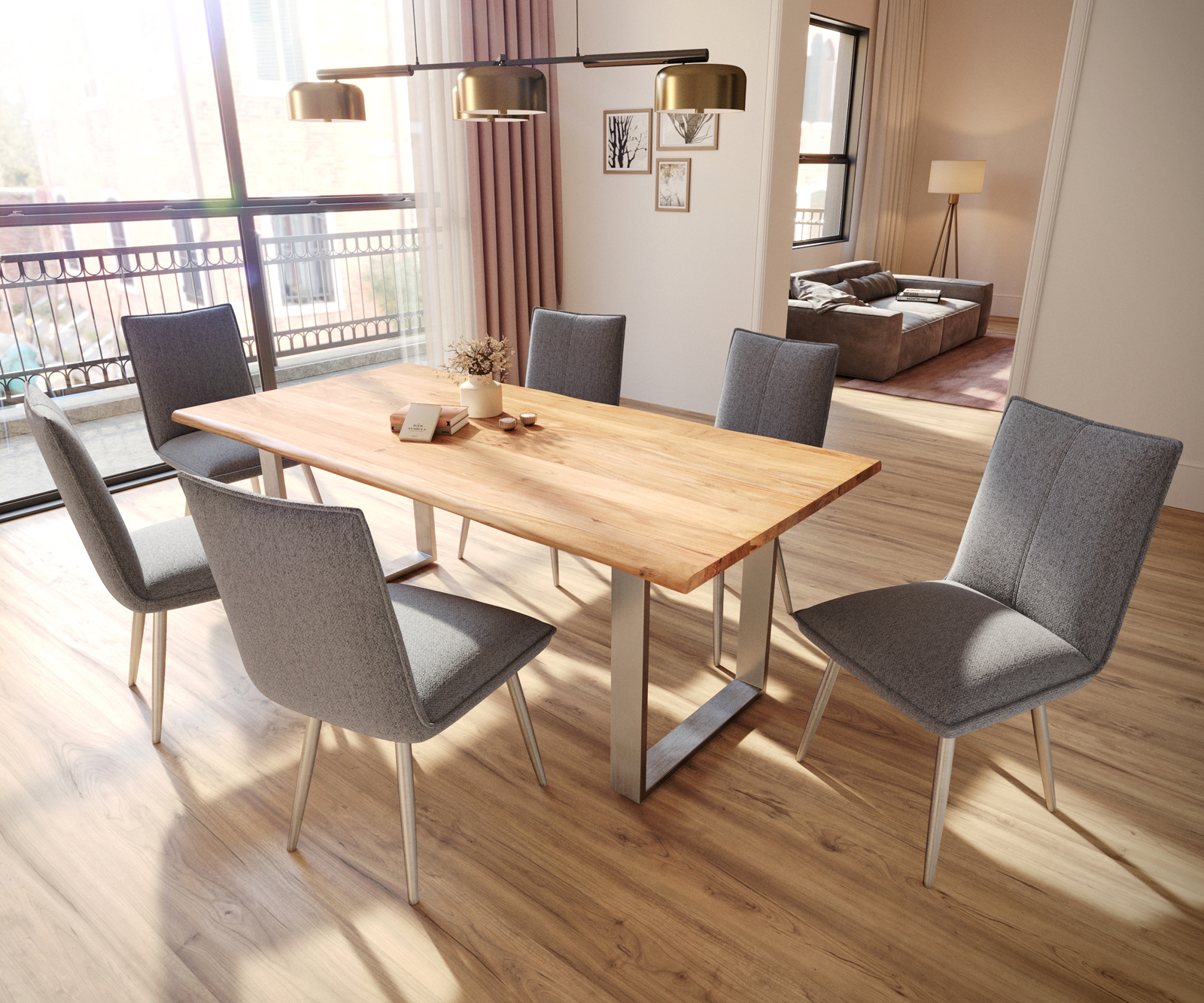 Jídelní židle Lelio-Flex zúžená podnož nerezová ocel strukturovaná tkanina světle šedá - Image 5