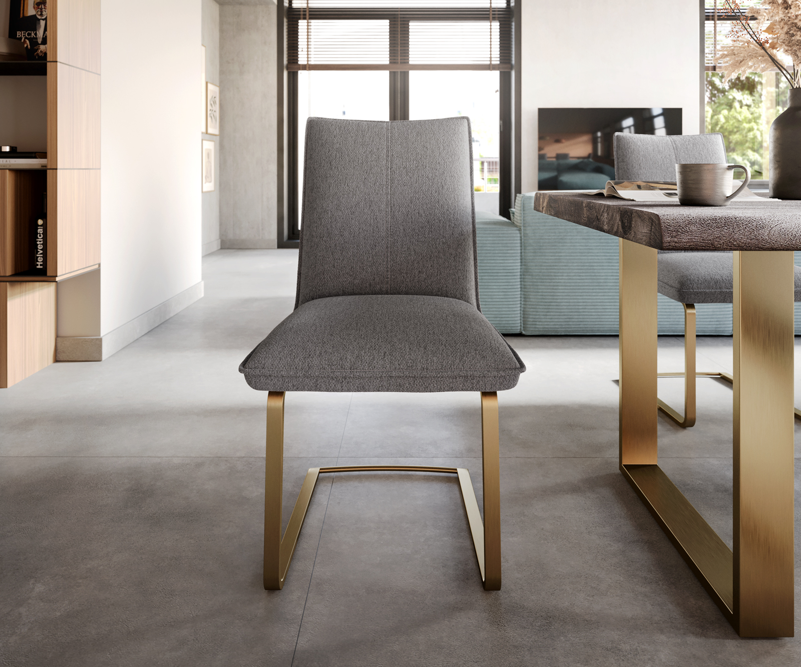 Jídelní židle Lelio-Flex konzolová podnož plochá zlatá texturovaná tkanina světle šedá - Image 2