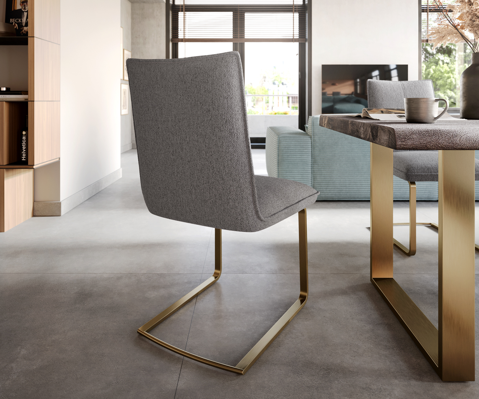 Jídelní židle Lelio-Flex konzolová podnož plochá zlatá texturovaná tkanina světle šedá - Image 3