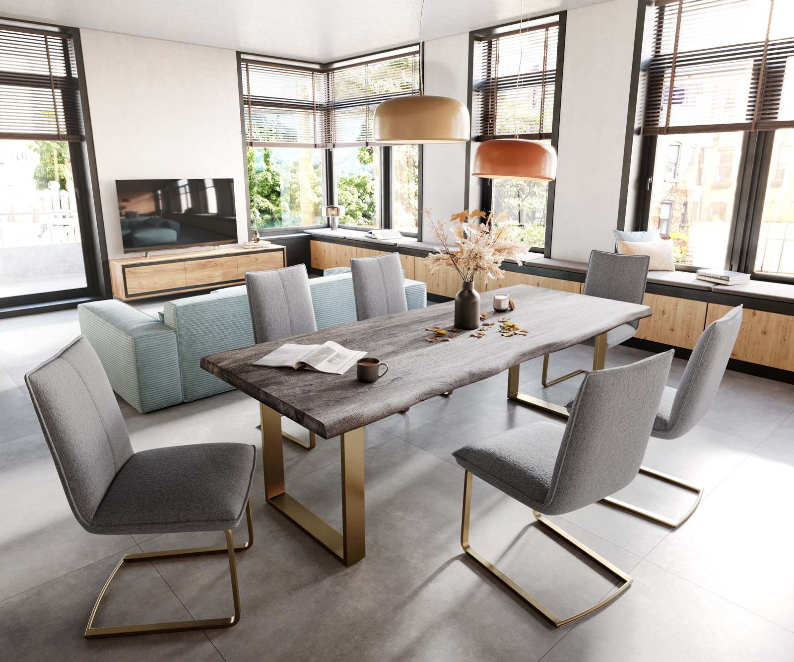 Jídelní židle Lelio-Flex konzolová podnož plochá zlatá texturovaná tkanina světle šedá - Image 4