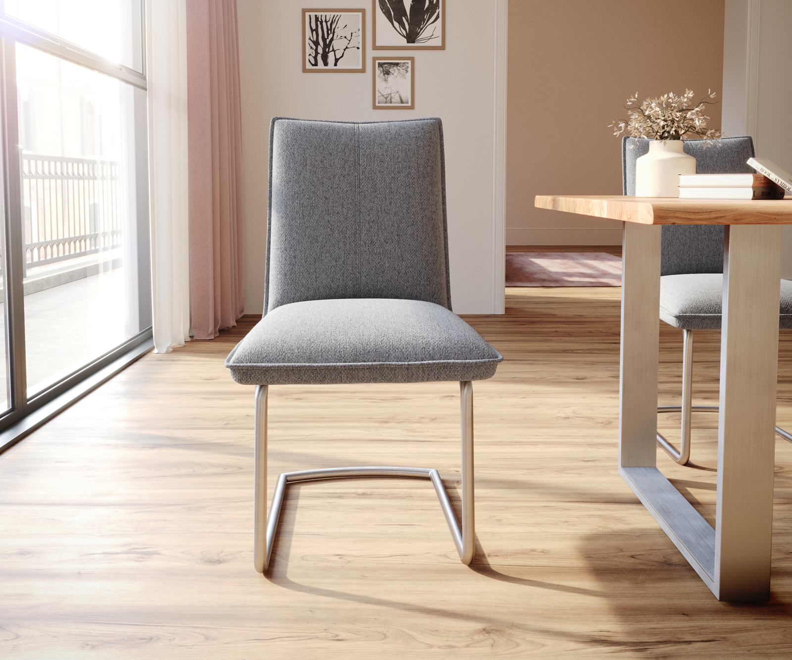 Jídelní židle Lelio-Flex kulatá konzolová podnož nerezová ocel strukturovaná tkanina světle šedá - Image 2