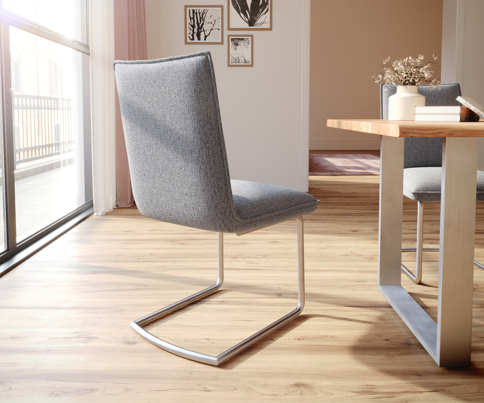 Jídelní židle Lelio-Flex kulatá konzolová podnož nerezová ocel strukturovaná tkanina světle šedá - Image 3