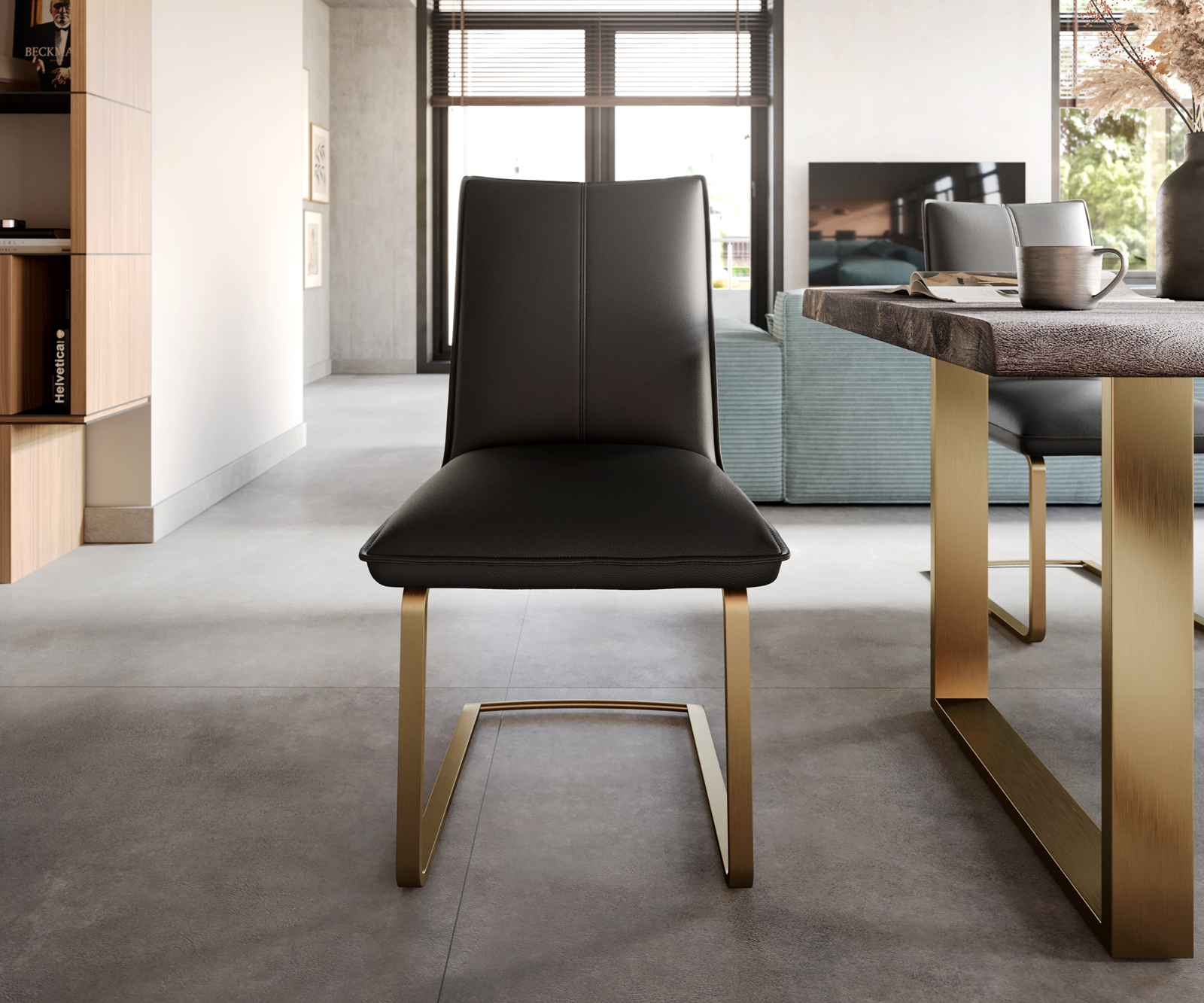 Jídelní židle Lelio-Flex konzolová podnož plochá zlatá pravá kůže černá - Image 2