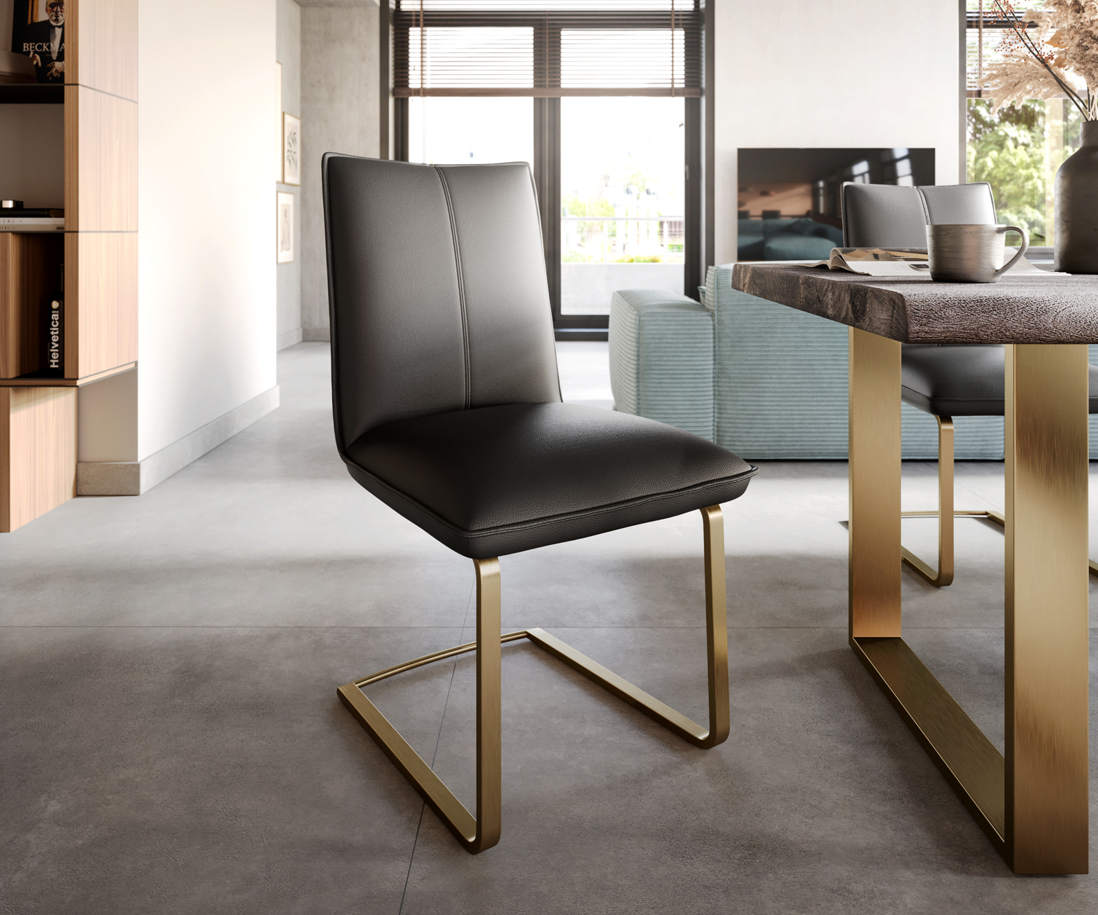 Jídelní židle Lelio-Flex konzolová podnož plochá zlatá pravá kůže černá