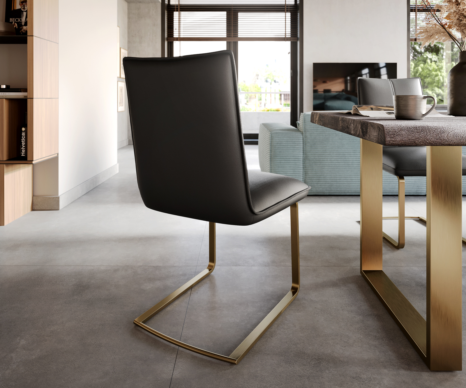 Jídelní židle Lelio-Flex konzolová podnož plochá zlatá pravá kůže černá - Image 3