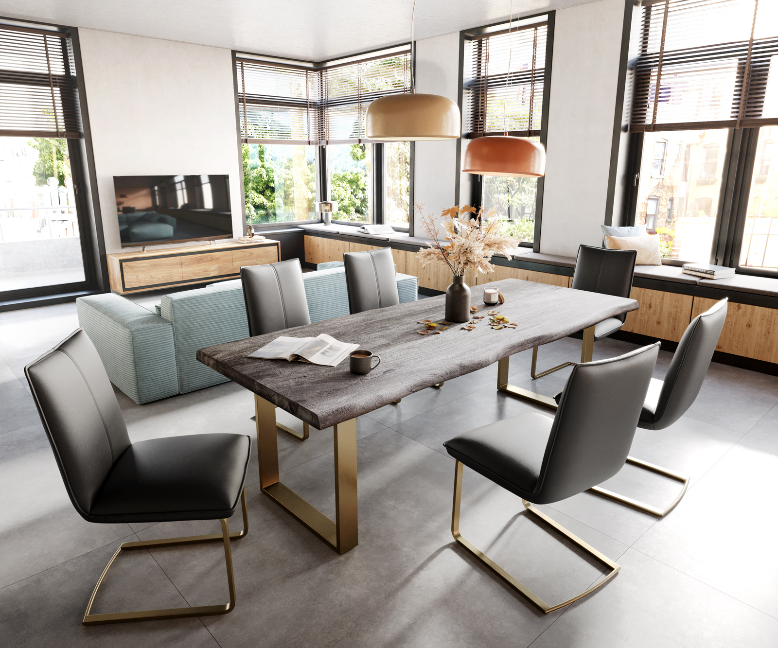 Jídelní židle Lelio-Flex konzolová podnož plochá zlatá pravá kůže černá - Image 5