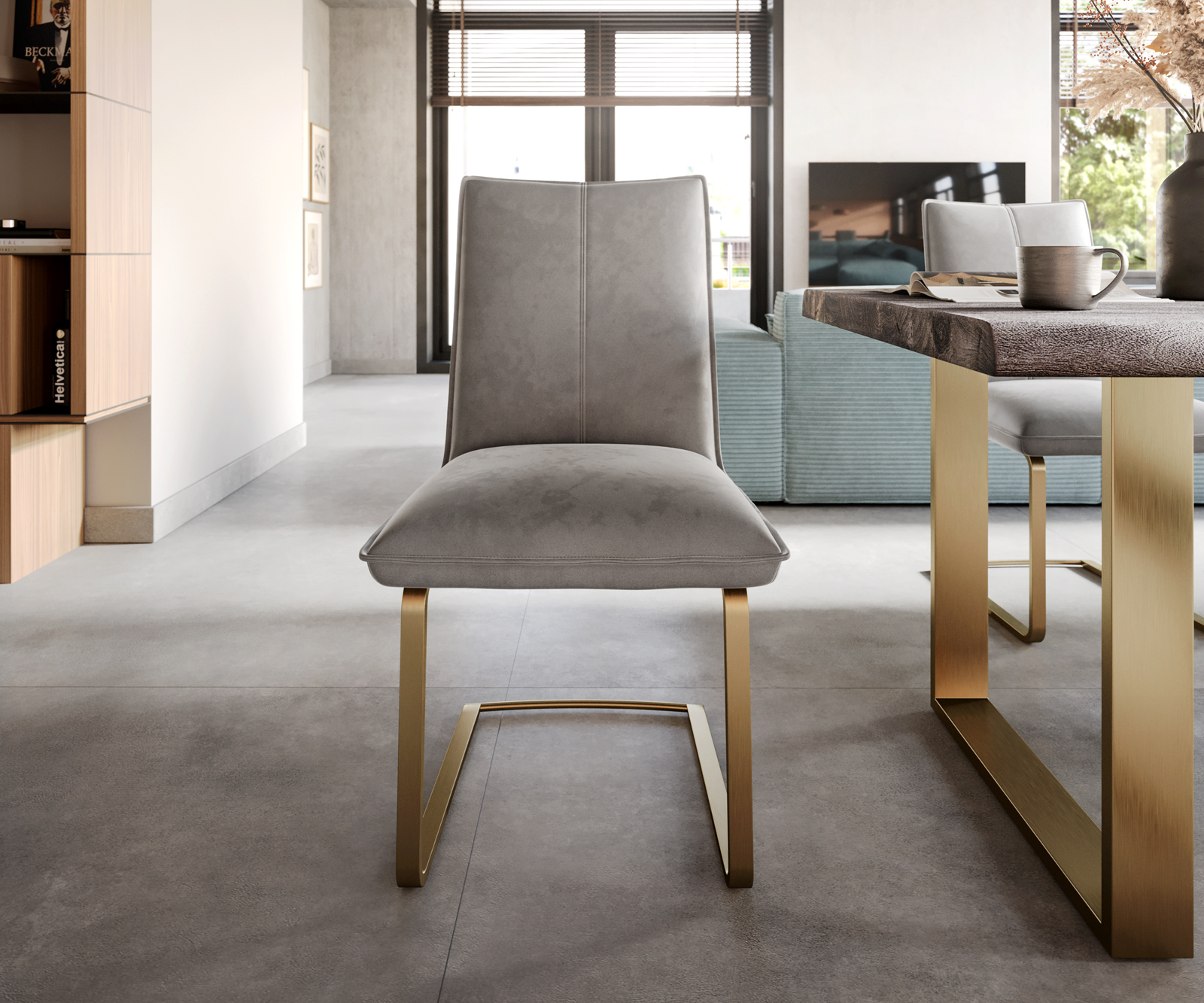 Jídelní židle Lelio-Flex konzolová podnož plochá zlatá samet šedý - Image 2