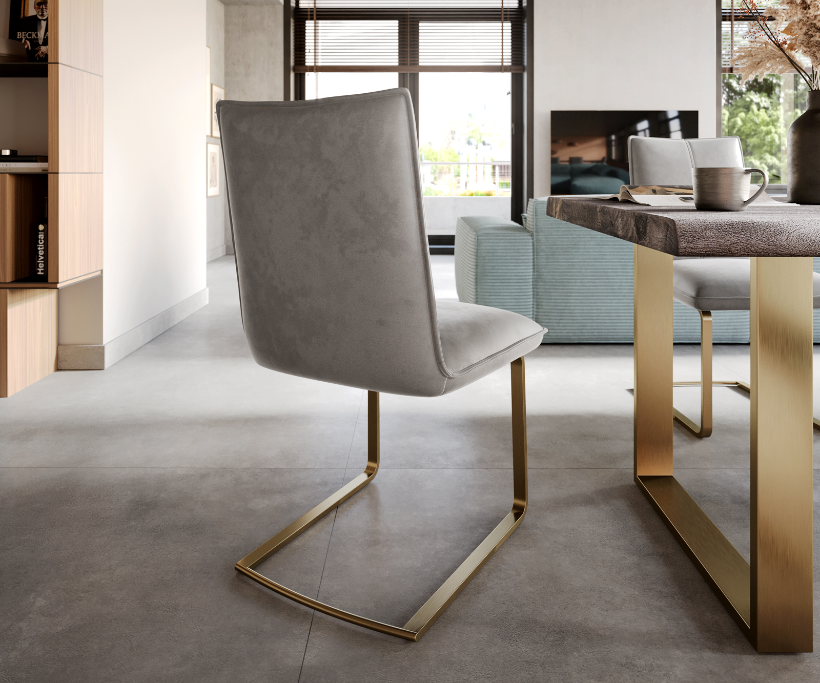 Jídelní židle Lelio-Flex konzolová podnož plochá zlatá samet šedý - Image 3