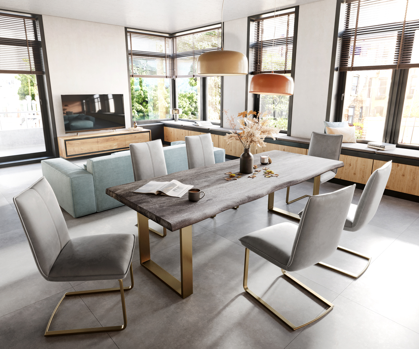 Jídelní židle Lelio-Flex konzolová podnož plochá zlatá samet šedý - Image 5