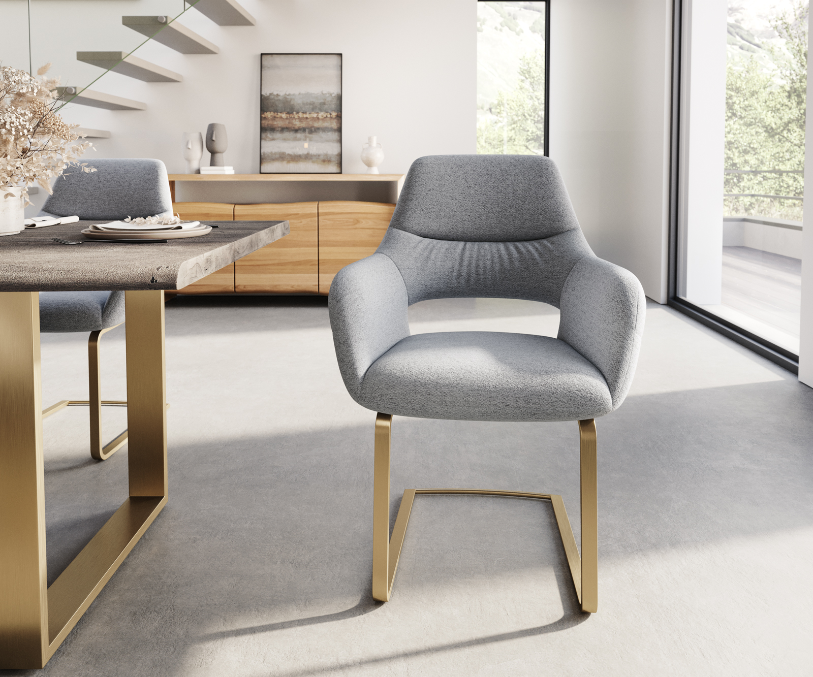 Jídelní židle Yago-Flex s područkou konzolová podnož plochá zlatá texturovaná tkanina světle šedá - Image 2