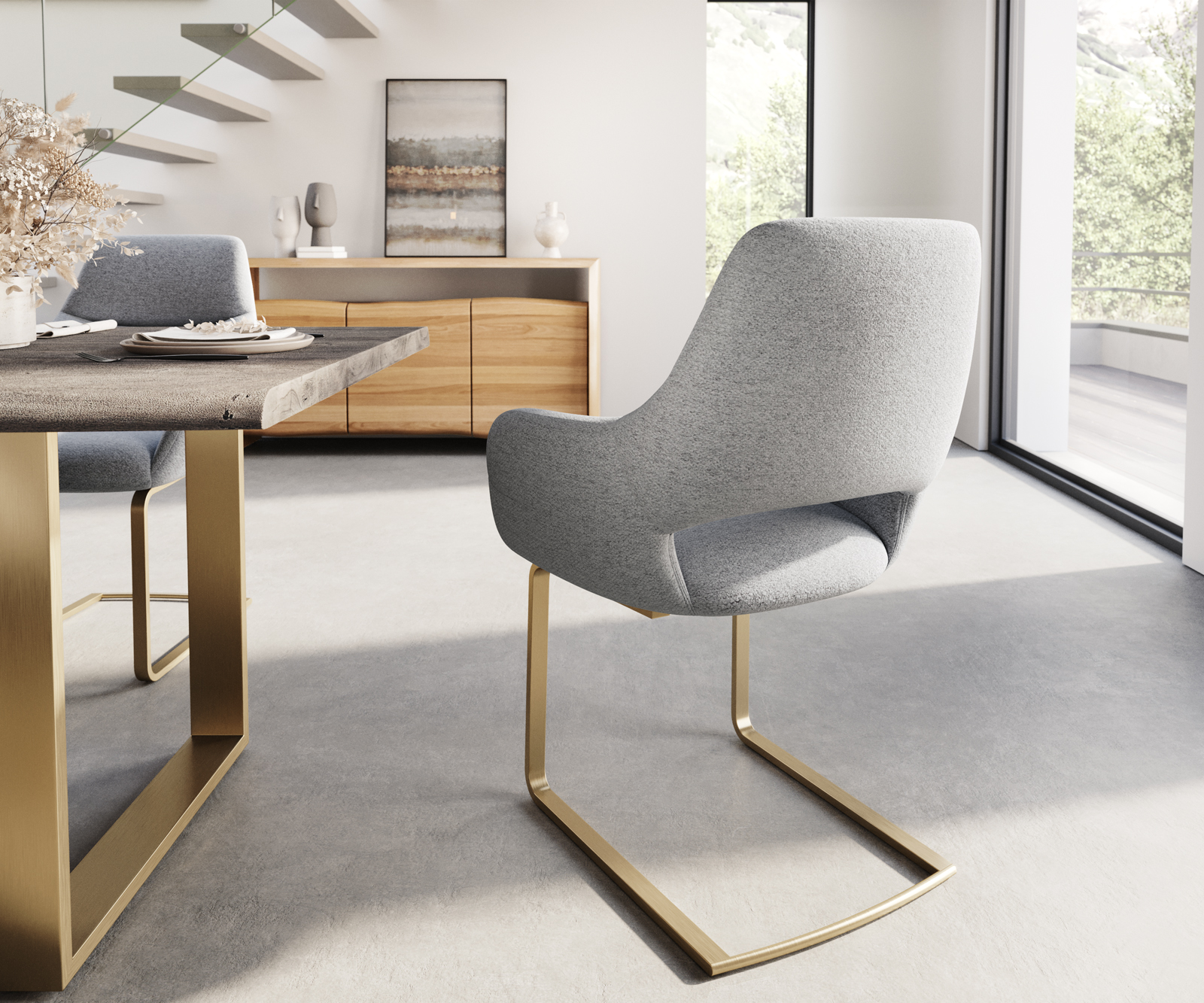 Jídelní židle Yago-Flex s područkou konzolová podnož plochá zlatá texturovaná tkanina světle šedá - Image 3