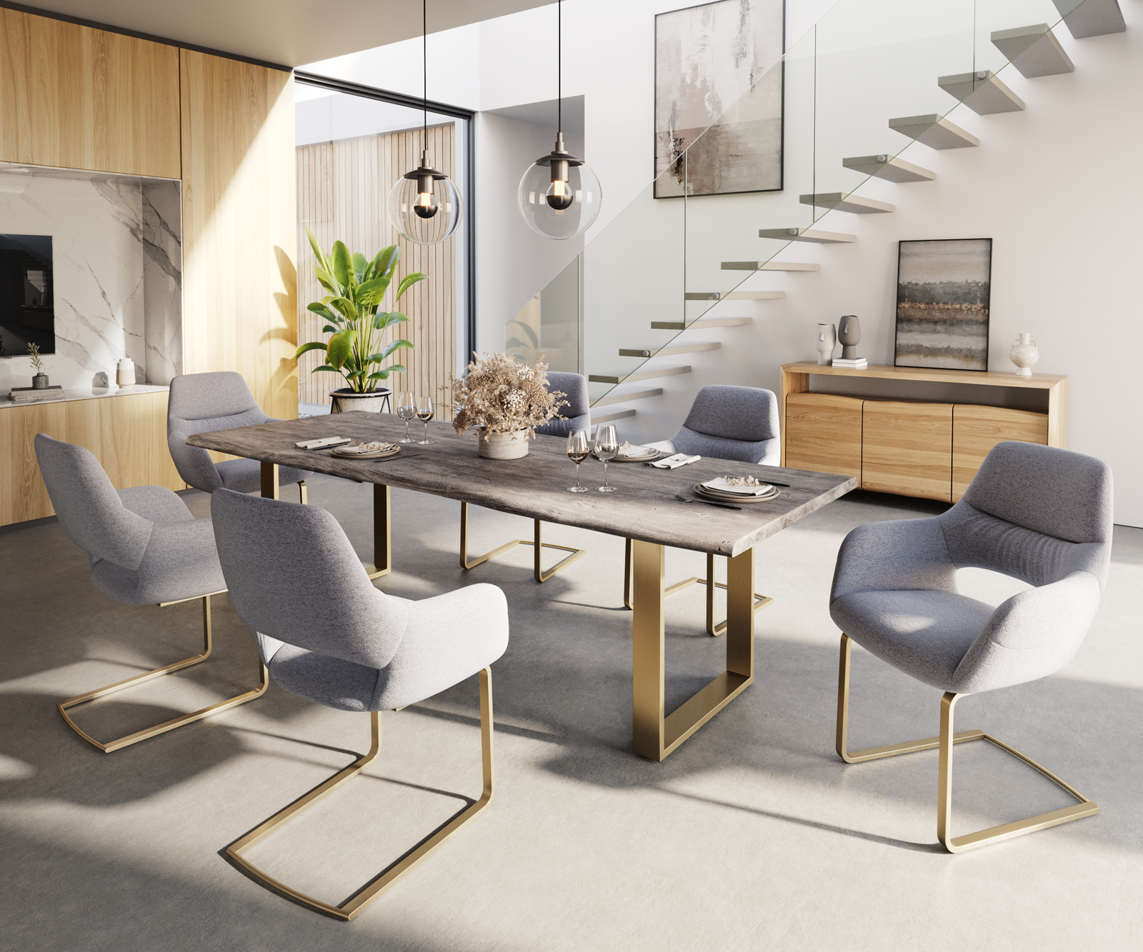 Jídelní židle Yago-Flex s područkou konzolová podnož plochá zlatá texturovaná tkanina světle šedá - Image 4