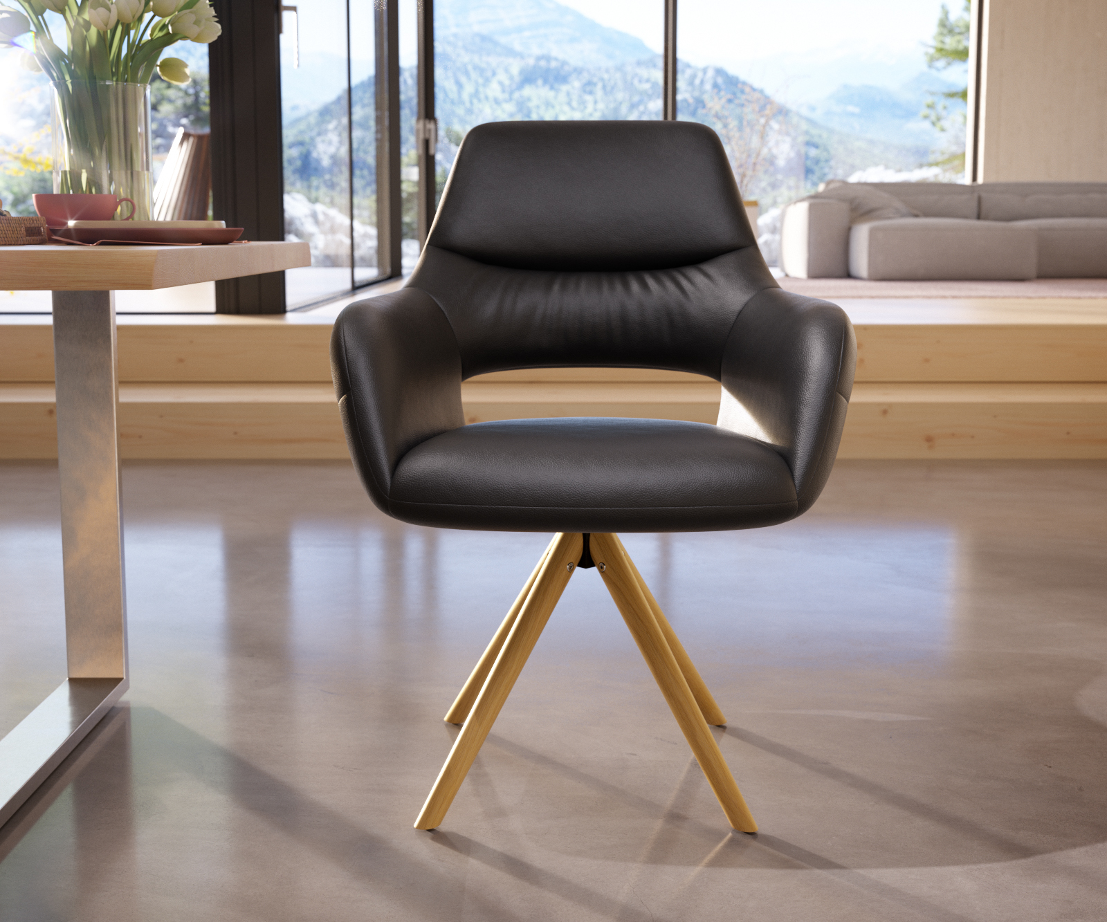 Jídelní židle Yago-Flex dřevěná podnož zaoblená kůže černý - Image 2