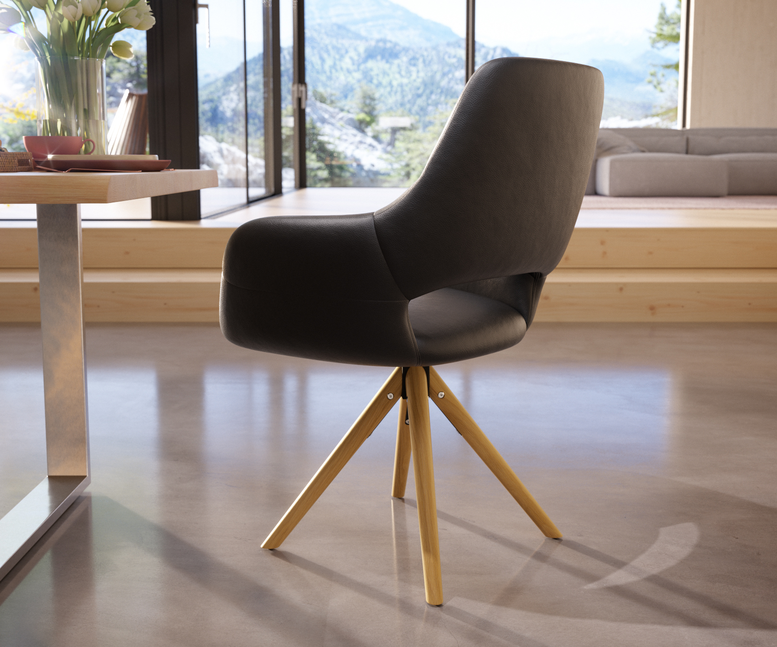 Jídelní židle Yago-Flex dřevěná podnož zaoblená kůže černý - Image 3