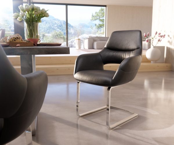 Houpací židle Yago-Flex s područkami z pravé kůže černá konzolová plochá chromovaná