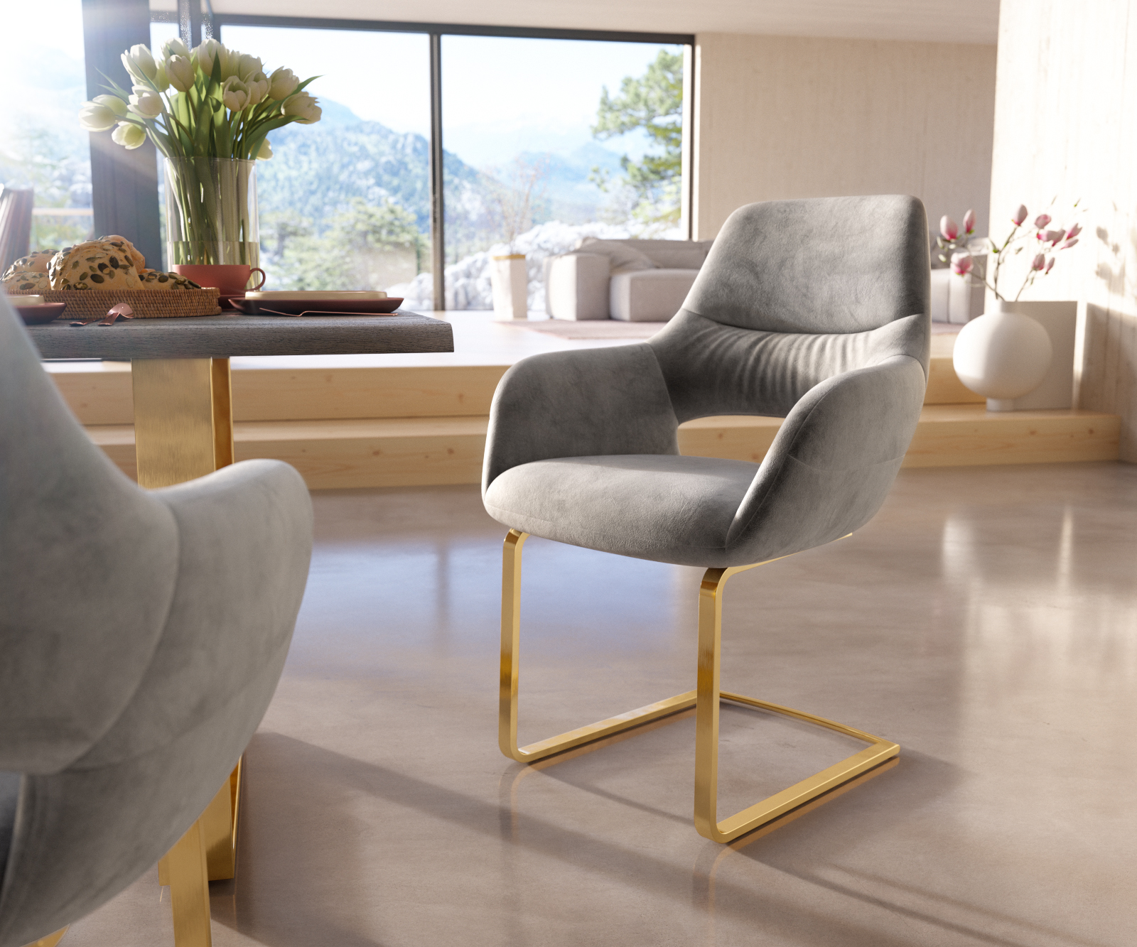 Jídelní židle Yago-Flex s područkami konzolová podnož plochá zlatá samet šedá