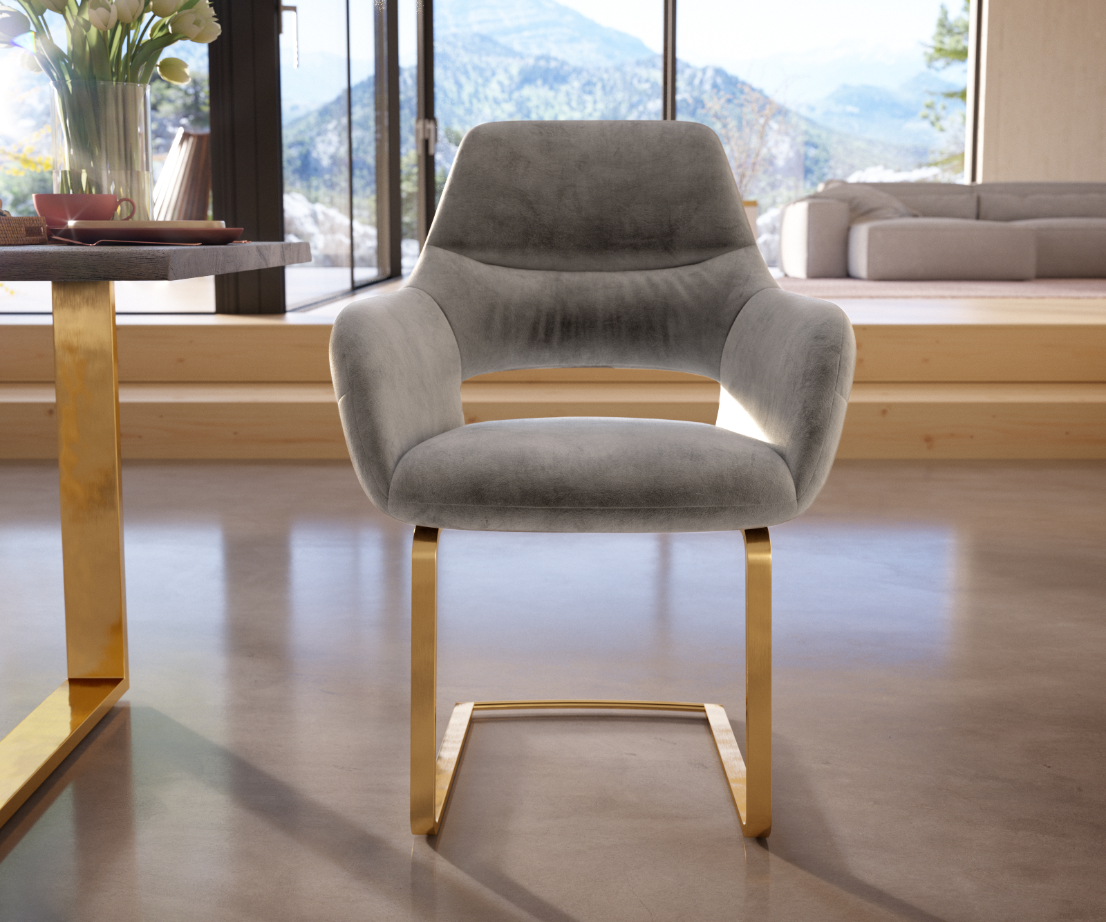 Jídelní židle Yago-Flex s područkami konzolová podnož plochá zlatá samet šedá - Image 2