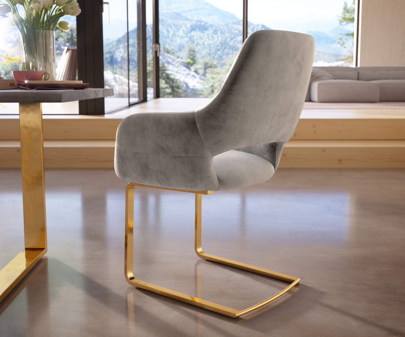 Jídelní židle Yago-Flex s područkami konzolová podnož plochá zlatá samet šedá - Image 3