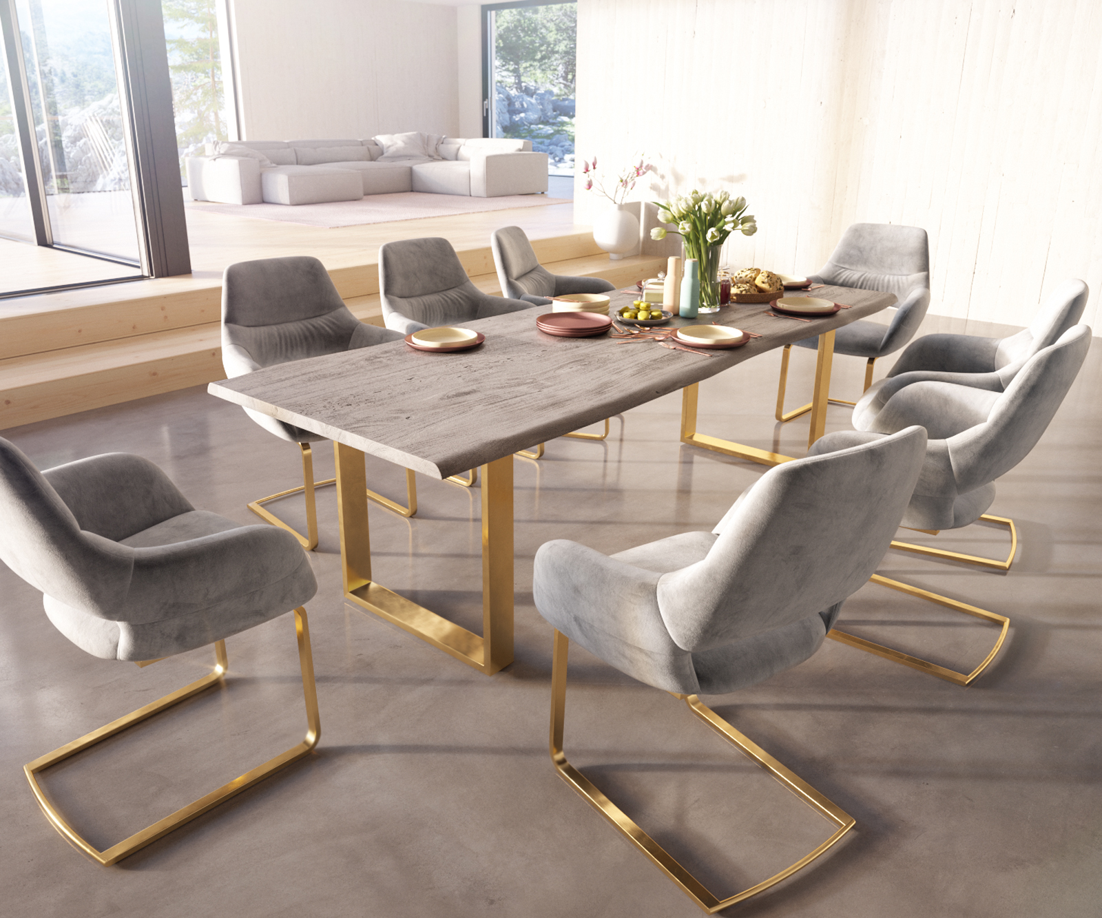 Jídelní židle Yago-Flex s područkami konzolová podnož plochá zlatá samet šedá - Image 5