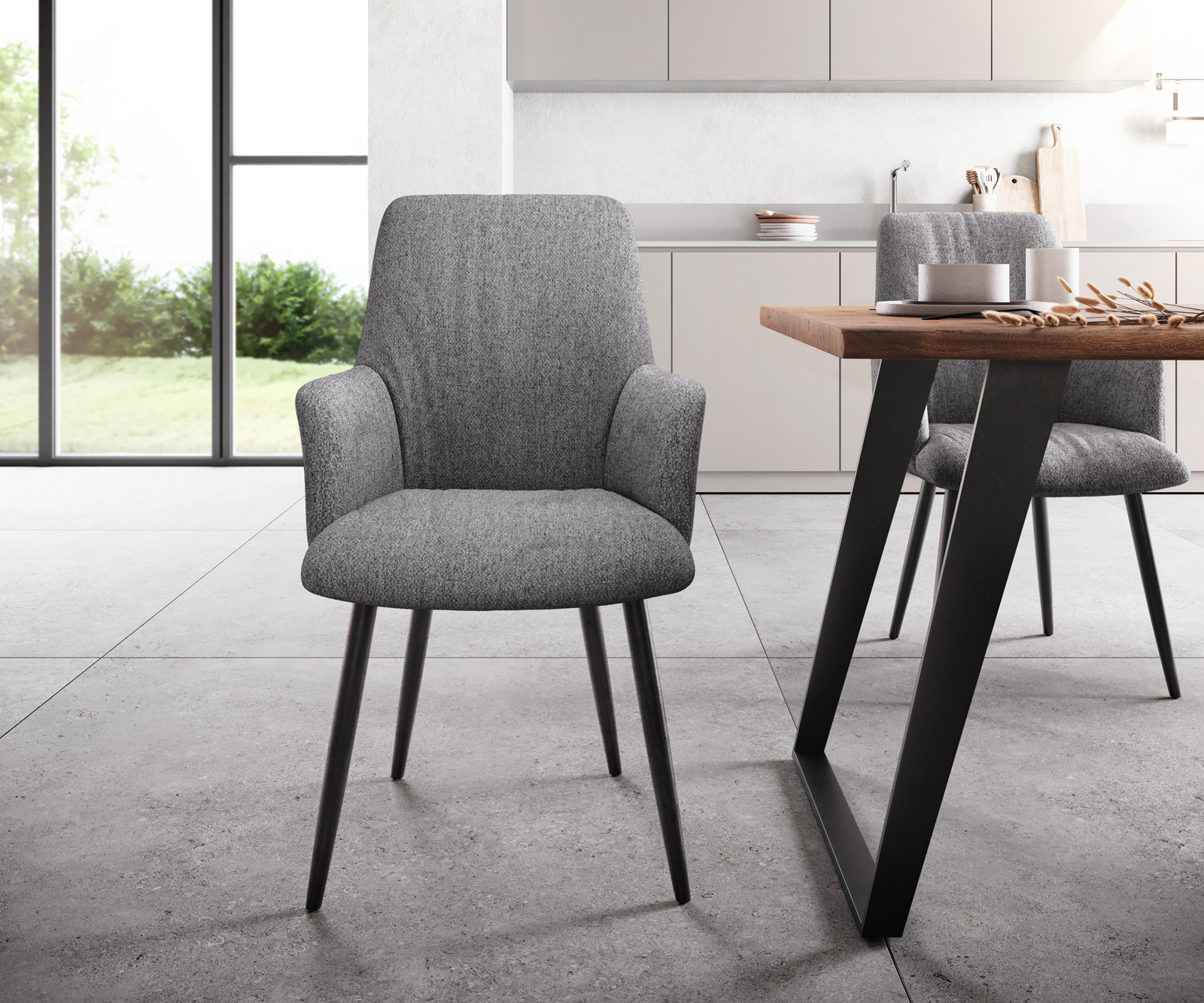 Křeslo Willa-Flex s texturovanou látkou světle šedé 4-nohé kuželové černé - Image 2