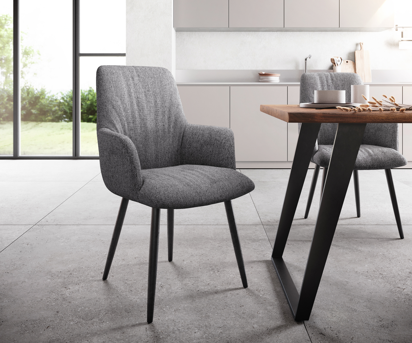 Křeslo Willa-Flex s texturovanou látkou světle šedé 4-nohé kuželové černé