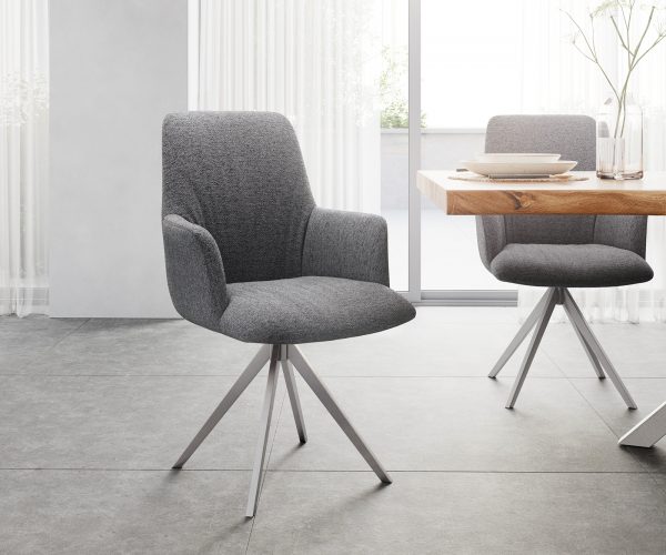 Otočná židle Willa-Flex s područkou křížová podnož zaoblená otočná nerezová ocel texturovaná tkanina světle šedá