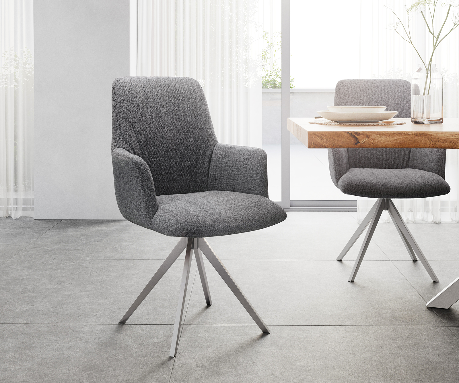 Otočná židle Willa-Flex s područkou křížová podnož zaoblená otočná nerezová ocel texturovaná tkanina světle šedá