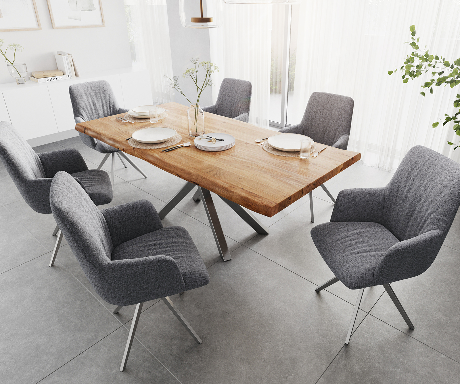 Otočná židle Willa-Flex s područkou křížová podnož zaoblená otočná nerezová ocel texturovaná tkanina světle šedá - Image 4