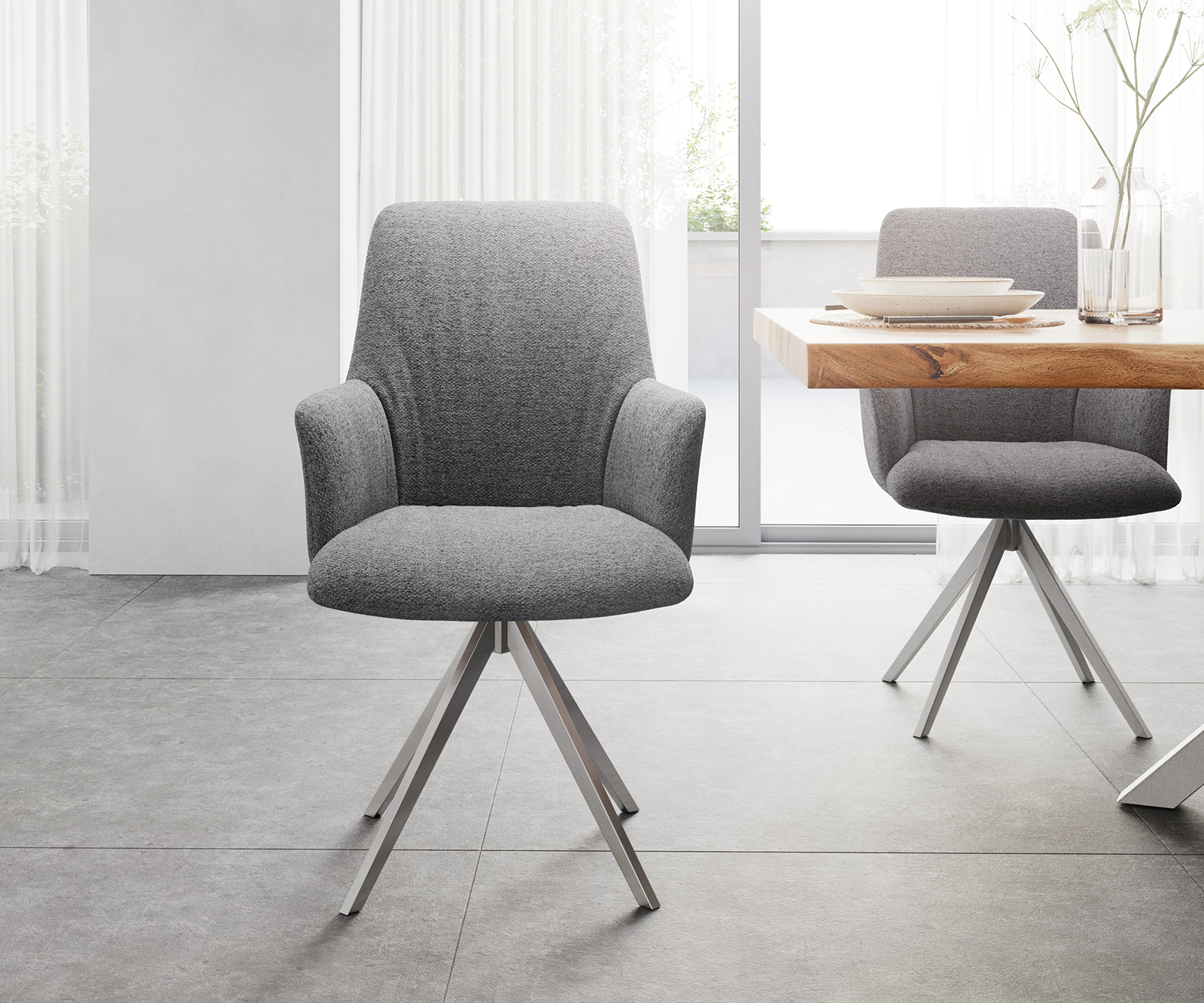 Otočná židle Willa-Flex s područkou křížová podnož zaoblená otočná nerezová ocel texturovaná tkanina světle šedá - Image 2