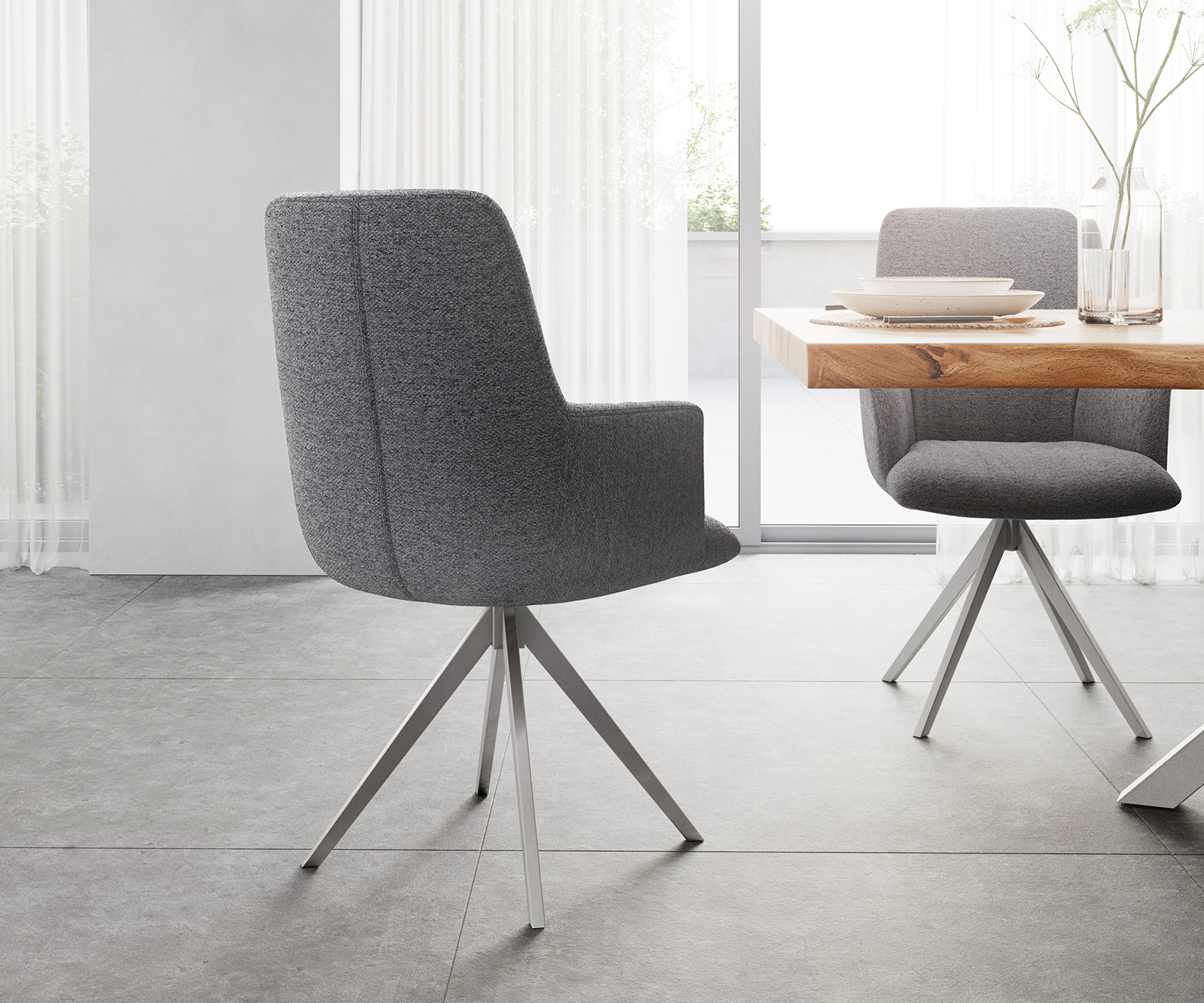 Otočná židle Willa-Flex s područkou křížová podnož zaoblená otočná nerezová ocel texturovaná tkanina světle šedá - Image 3