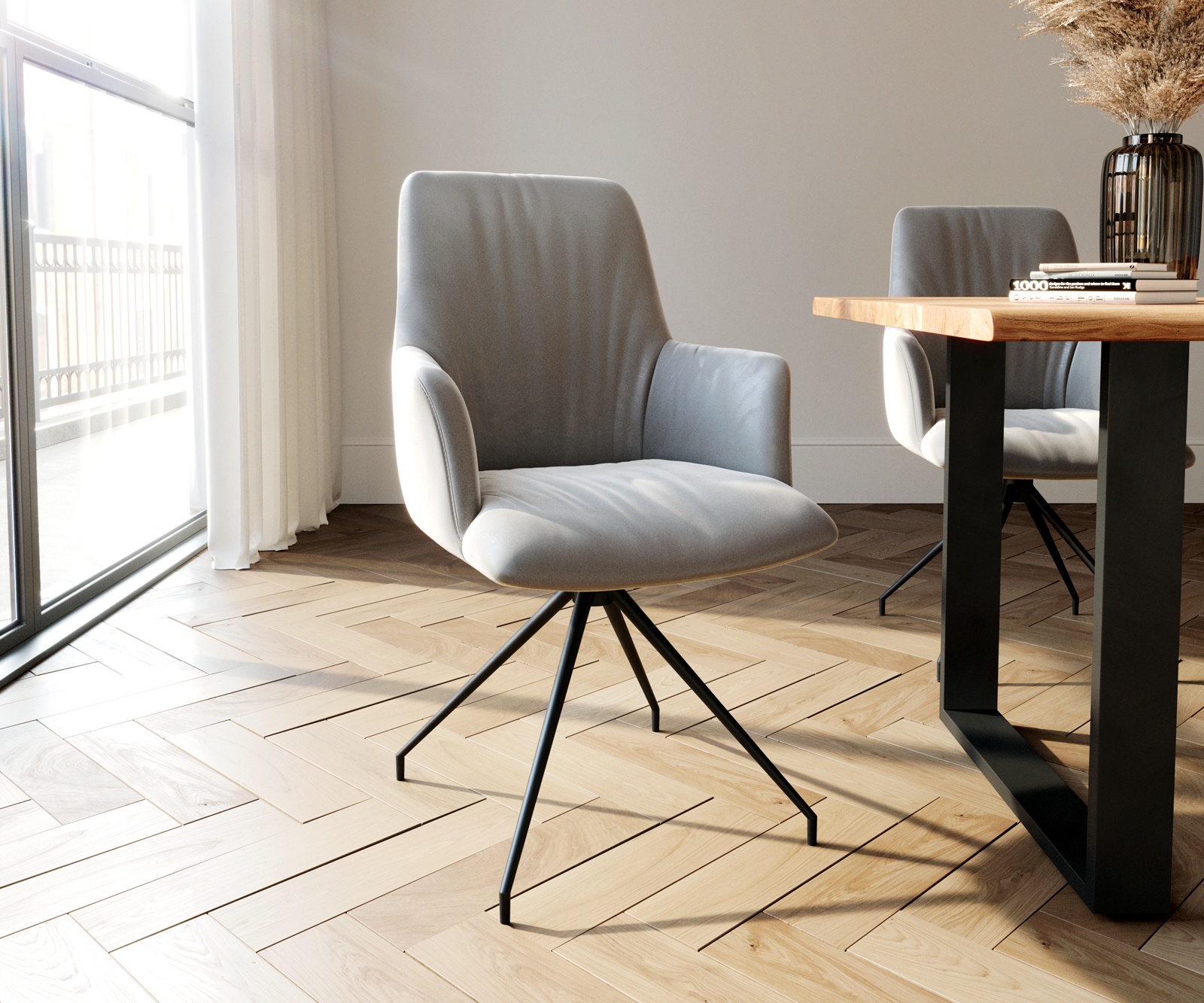 Otočná židle Willa-Flex s područkami Velvet Grey Cross Frame Conical Black 180° Swivel