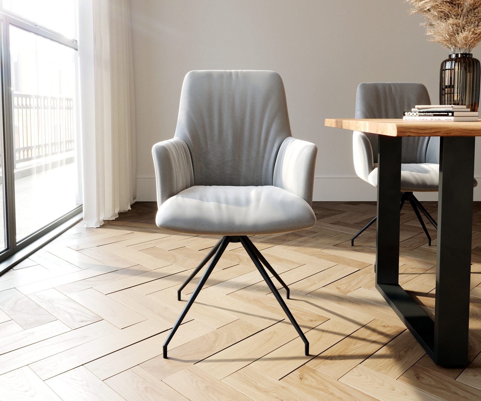 Otočná židle Willa-Flex s područkami Velvet Grey Cross Frame Conical Black 180° Swivel - Image 2