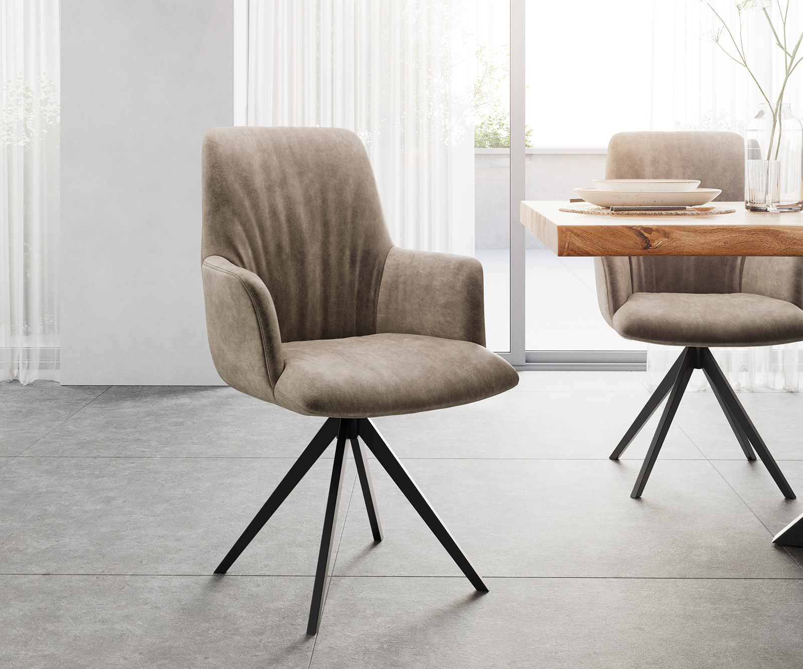 Otočná židle Willa-Flex s područkami křížový rám lemovaný černým mikrovláknem taupe otočný o 180°