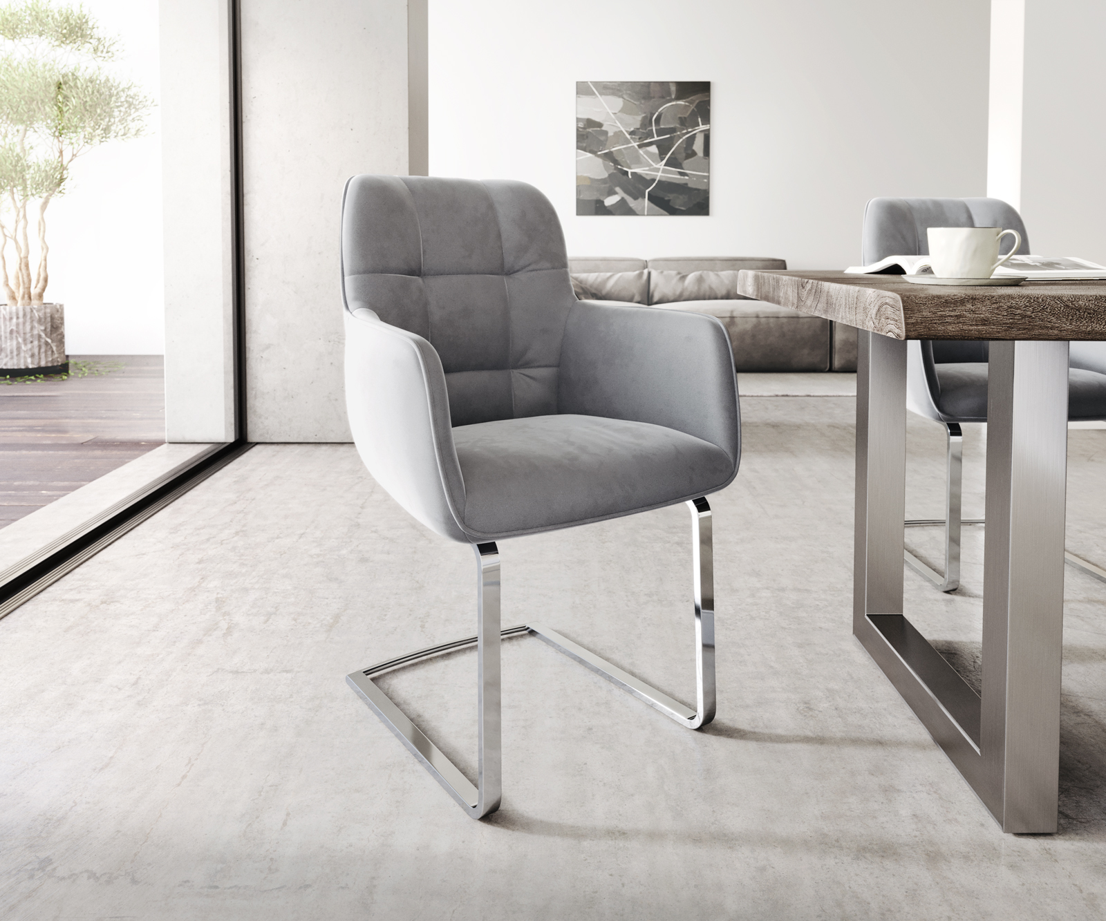 Jídelní židle Juno-Flex s područkami Velvet Grey Cantilever Flat Chrome