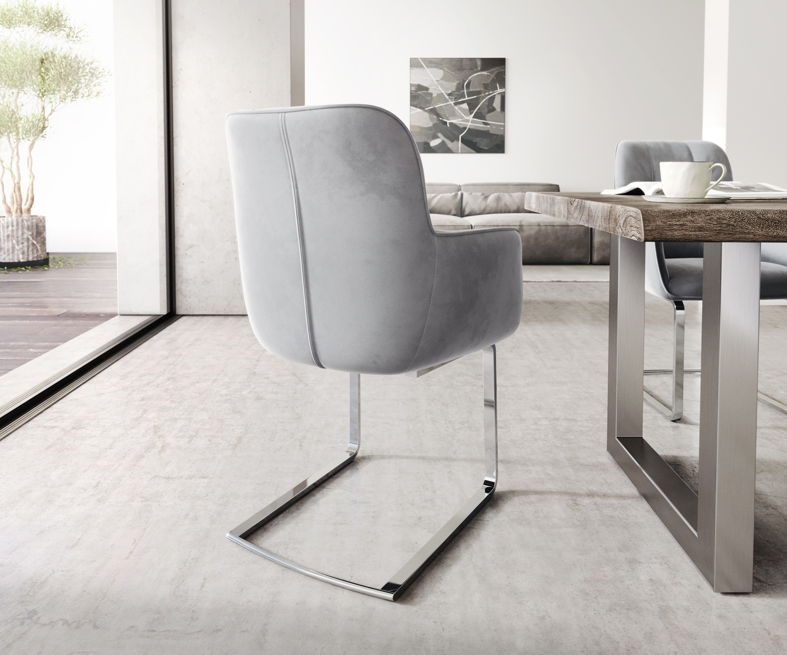 Jídelní židle Juno-Flex s područkami Velvet Grey Cantilever Flat Chrome - Image 3