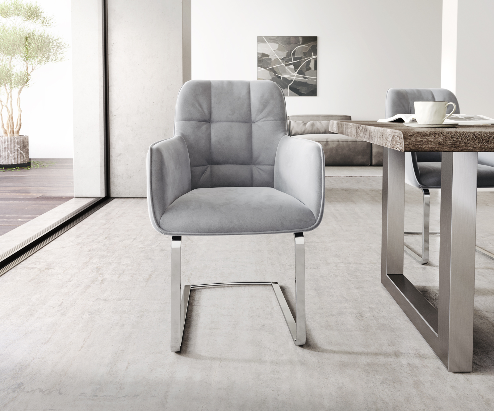 Jídelní židle Juno-Flex s područkami Velvet Grey Cantilever Flat Chrome - Image 2