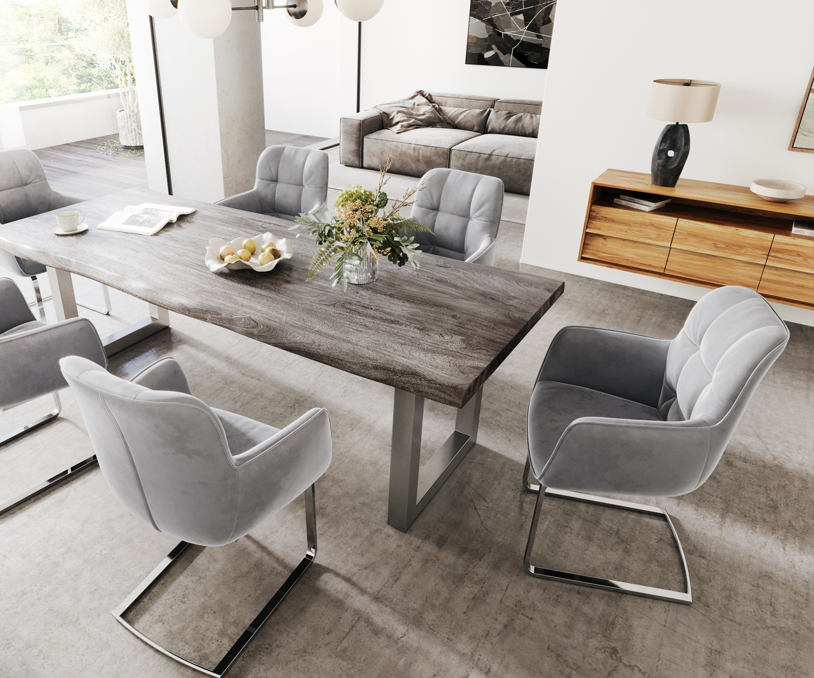 Jídelní židle Juno-Flex s područkami Velvet Grey Cantilever Flat Chrome - Image 5