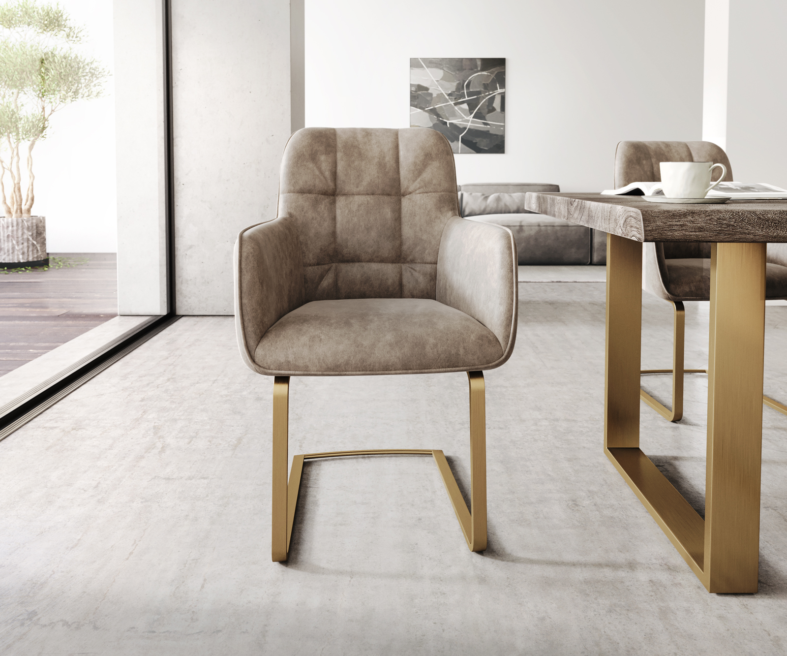 Jídelní židle Juno-Flex s područkami Taupe Vintage Cantilever Flat Gold - Image 2