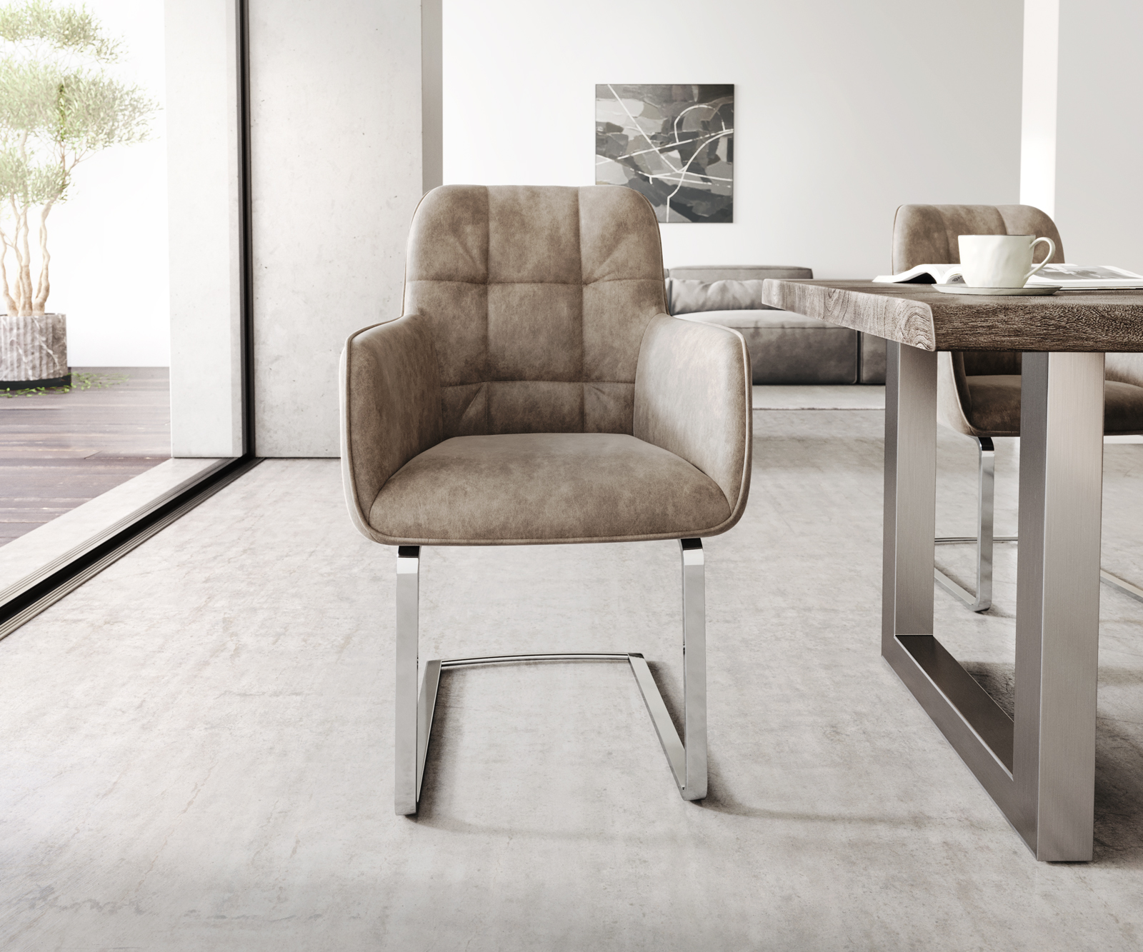 Jídelní židle Juno-Flex s područkami Taupe Vintage Cantilever Flat Chrome - Image 2