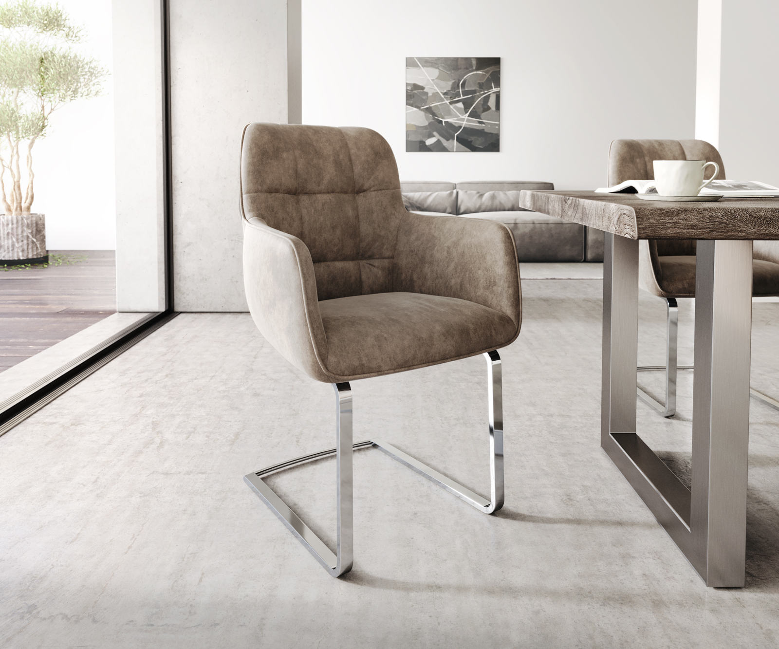 Jídelní židle Juno-Flex s područkami Taupe Vintage Cantilever Flat Chrome