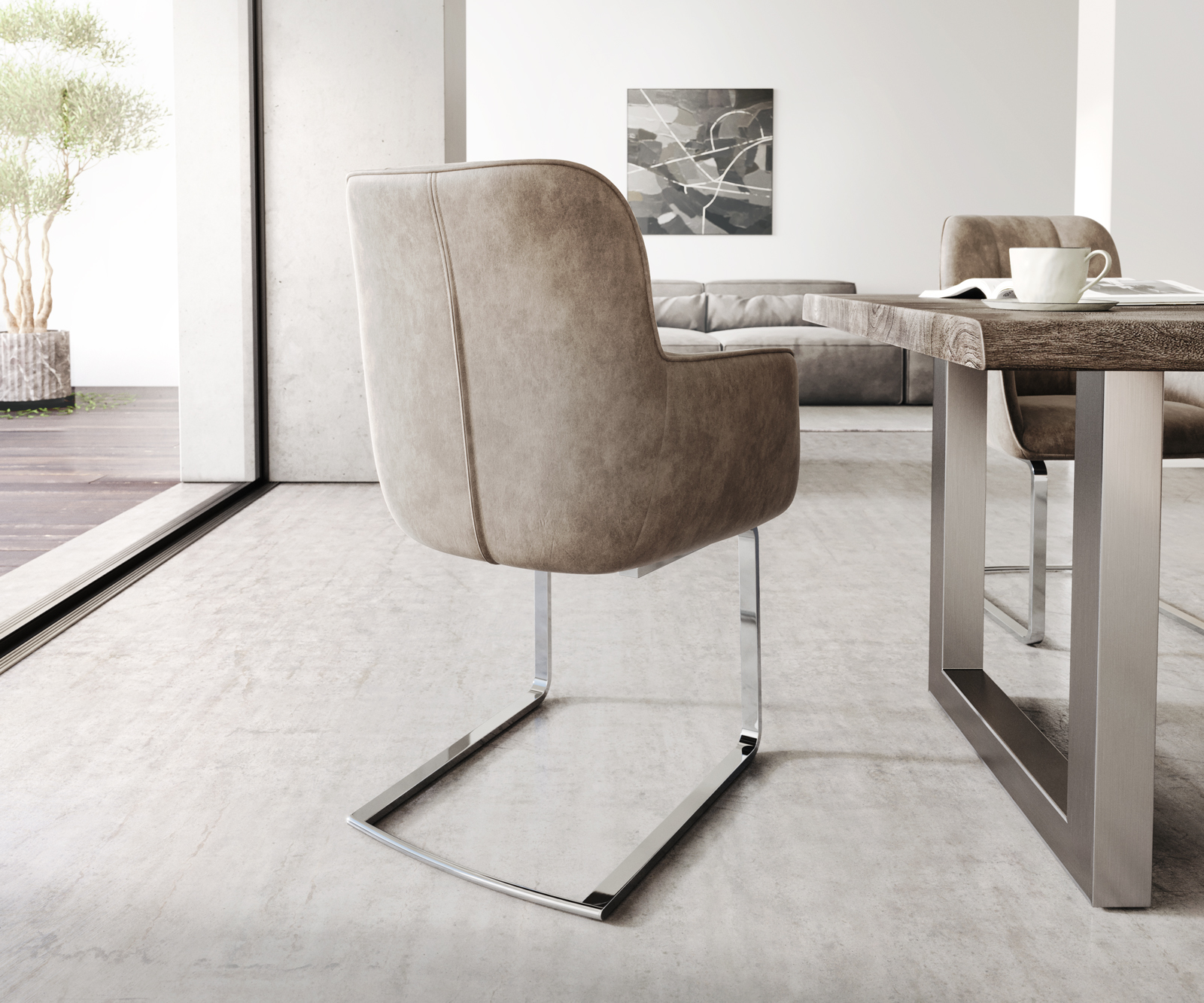 Jídelní židle Juno-Flex s područkami Taupe Vintage Cantilever Flat Chrome - Image 3