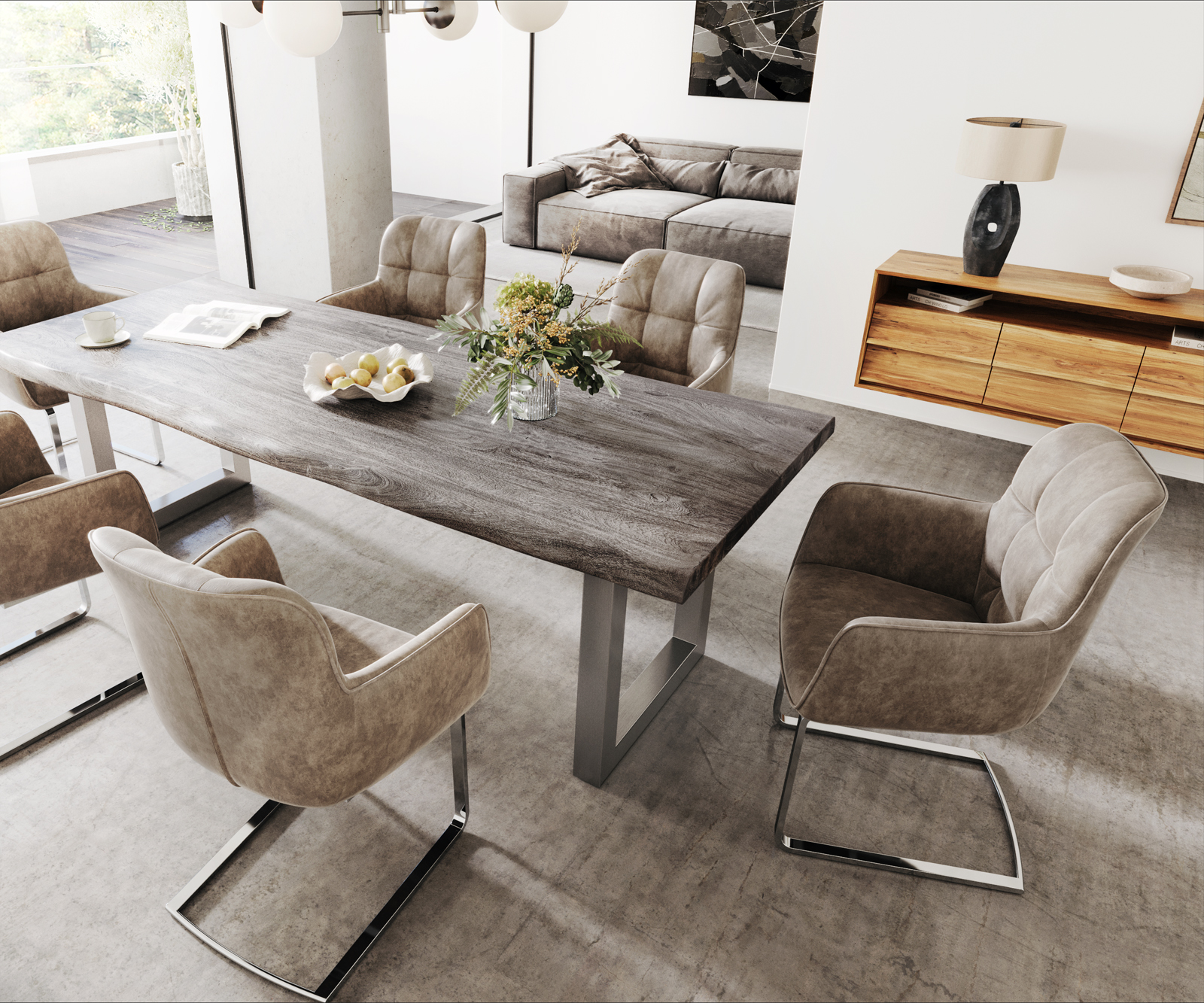 Jídelní židle Juno-Flex s područkami Taupe Vintage Cantilever Flat Chrome - Image 5